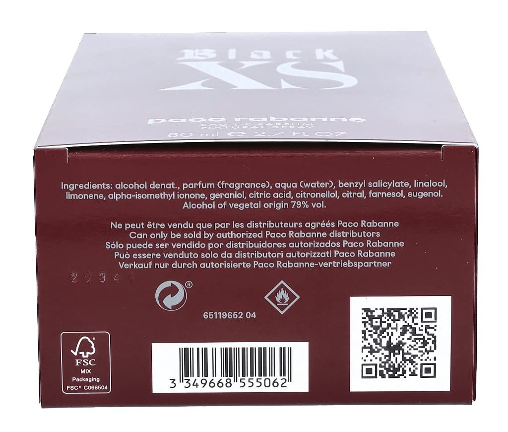 Oberseite der dunkelroten Schachtel. Text mit Inhaltsstoffen, QR-Code und FSC-Logo.