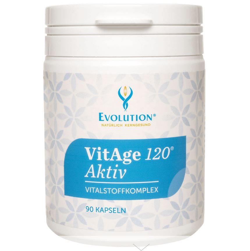 Weiße Dose mit blauem Etikett. Aufschrift: Evolution VitAge 120 Aktiv, Vitalstoffkomplex, 90 Kapseln.