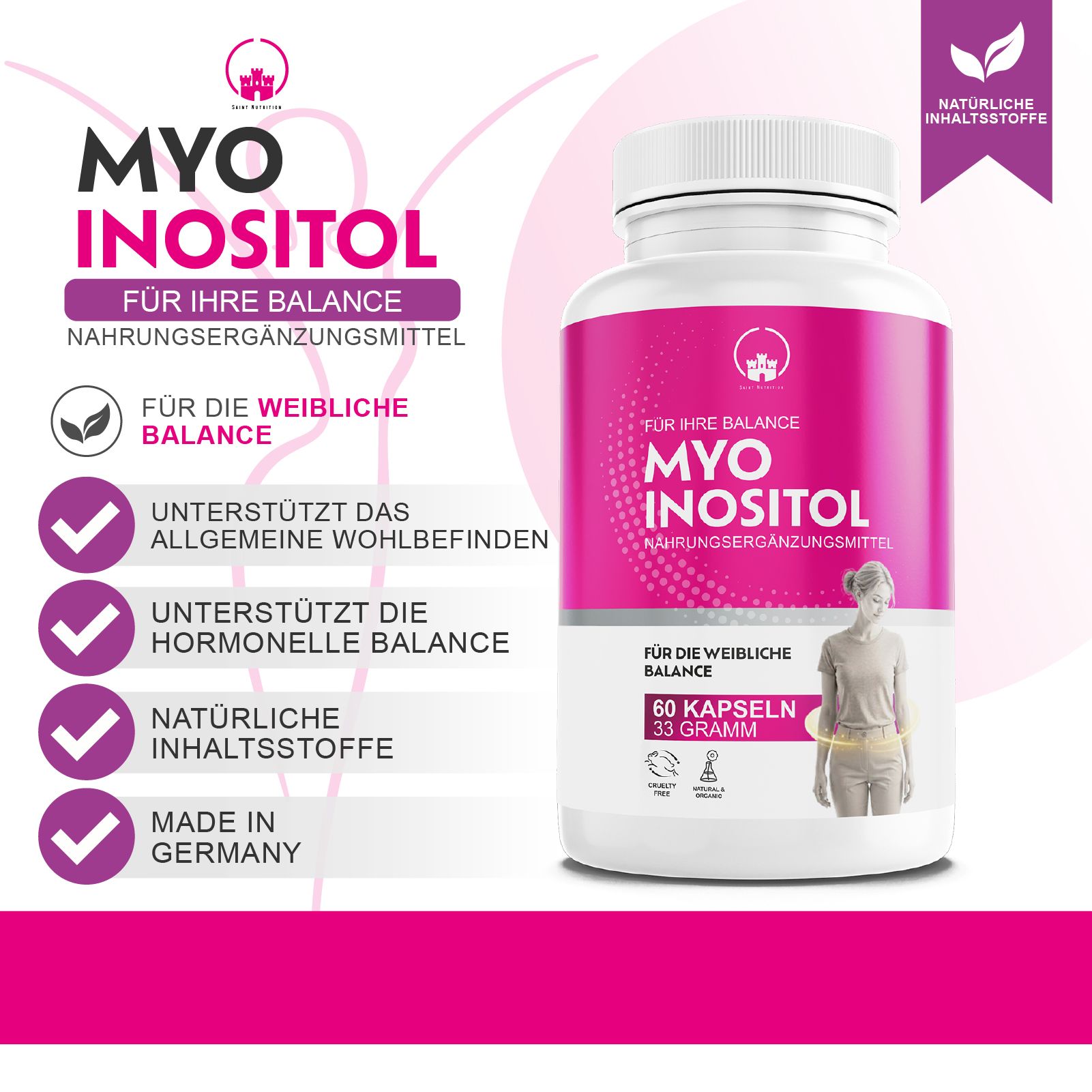 Produktverpackung mit rosa Etikett. Text: Myo Inositol, Nahrungsergänzungsmittel. 60 Kapseln, 33 Gramm. Made in Germany.