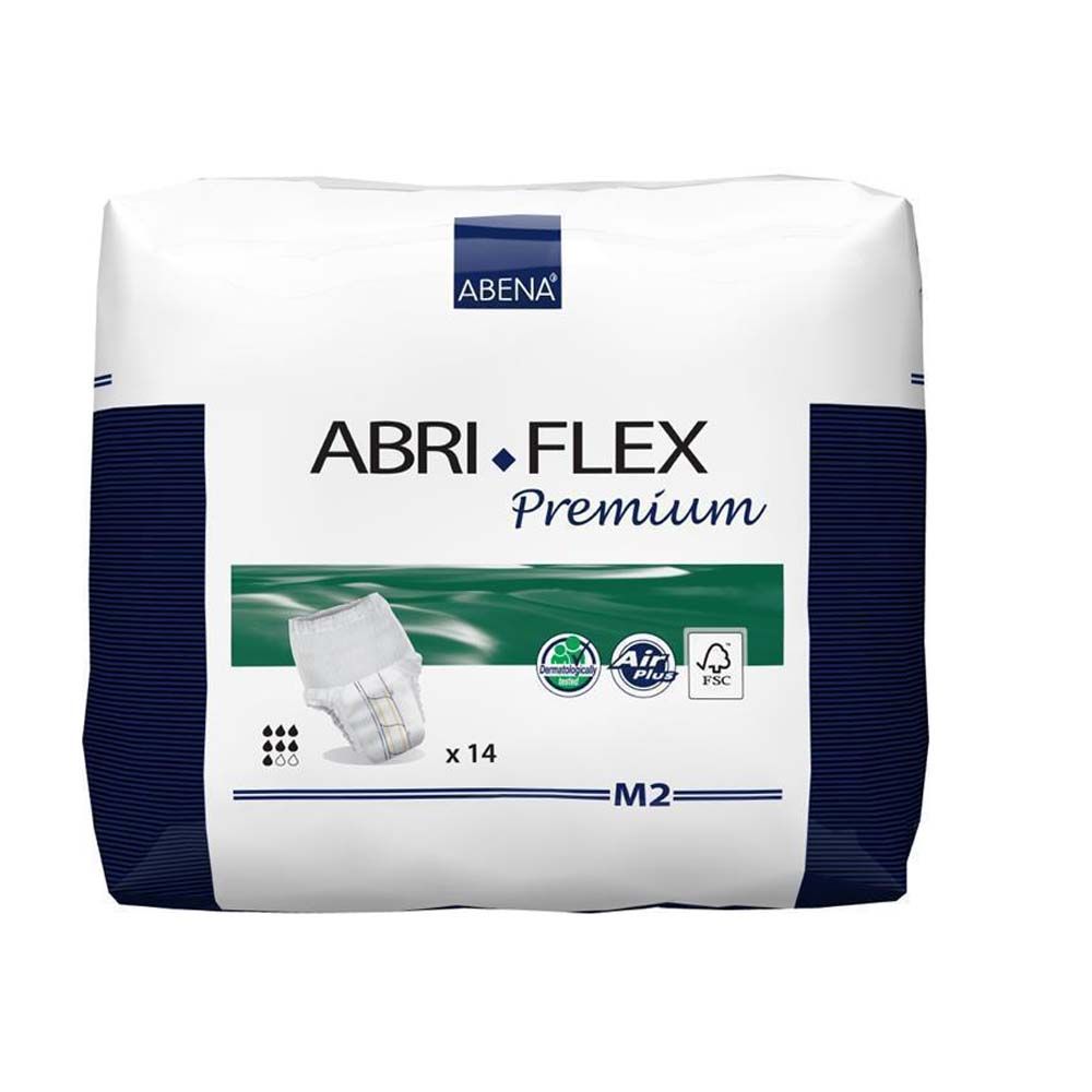 Abena Abri-Flex Premium M2. Weiße Verpackung mit Produktabbildung, Logo und Schriftzug. Enthält 14 Stück. Mit Air Plus und FSC-Siegel.