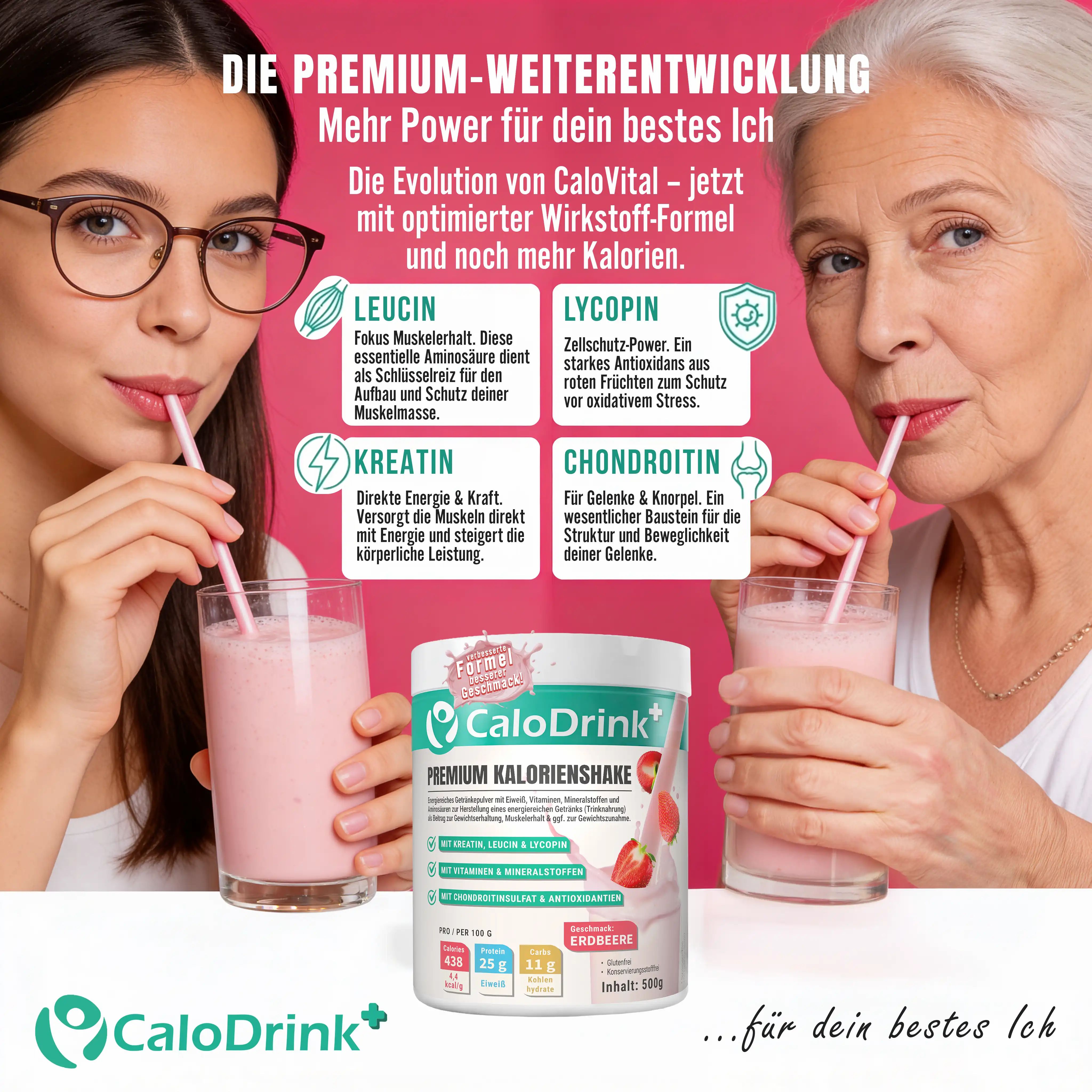 Zwei Frauen trinken aus einem Glas mit Strohhalm. Ein Produktbehälter mit CaloDrink+ steht im Vordergrund. Text: Premium Kalorienshake.