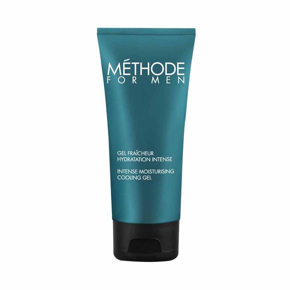 Türkisfarbene Tube mit schwarzem Deckel. Aufschrift: MÉTHODE FOR MEN, Gel fraîcheur, Hydratation intense, Intense Moisturising Cooling Gel.
