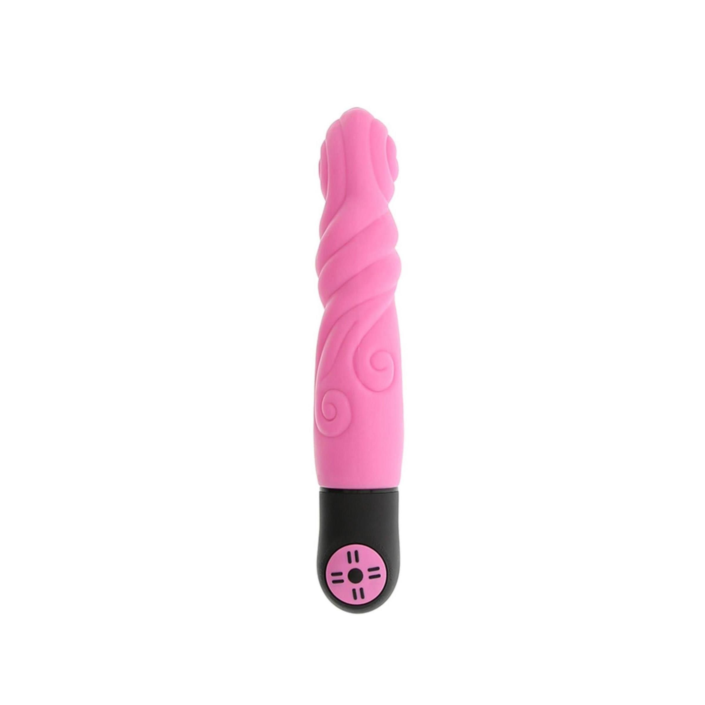 Rosa Vibrator mit schwarzem Griff. Kopf mit Wirbelmuster und Verzierungen. Bedienfeld mit Knöpfen am unteren Ende.