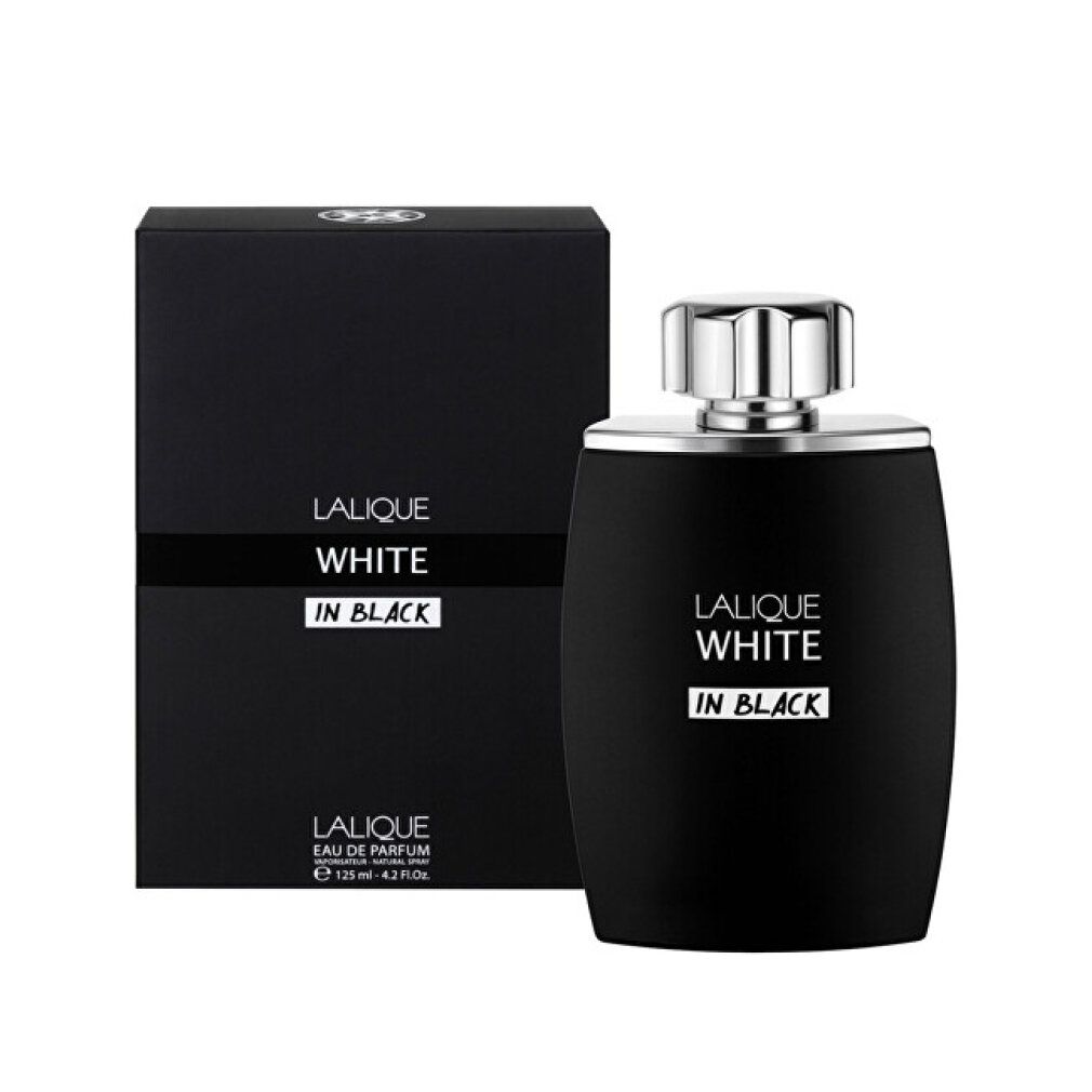 Schwarze Flasche und Karton. Aufschrift: LALIQUE WHITE IN BLACK. Silberner Verschluss. Aufschrift auf weißem Feld.