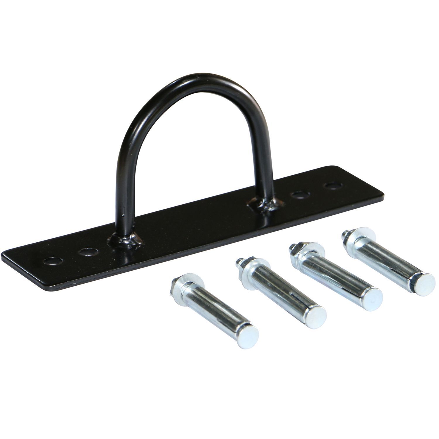 Schwarze Metallhalterung mit gebogenem Griff und vier Schrauben. Fitness-Zubehör.