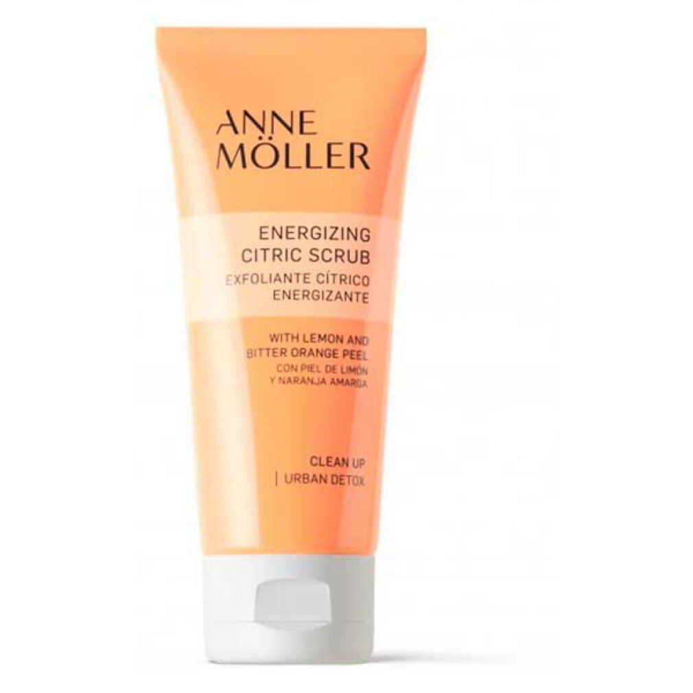 Orange Tube mit weißem Deckel. Beschriftung: Anne Möller, Energizing Citric Scrub. Enthält Zitronen- und Bitterorangenschale.