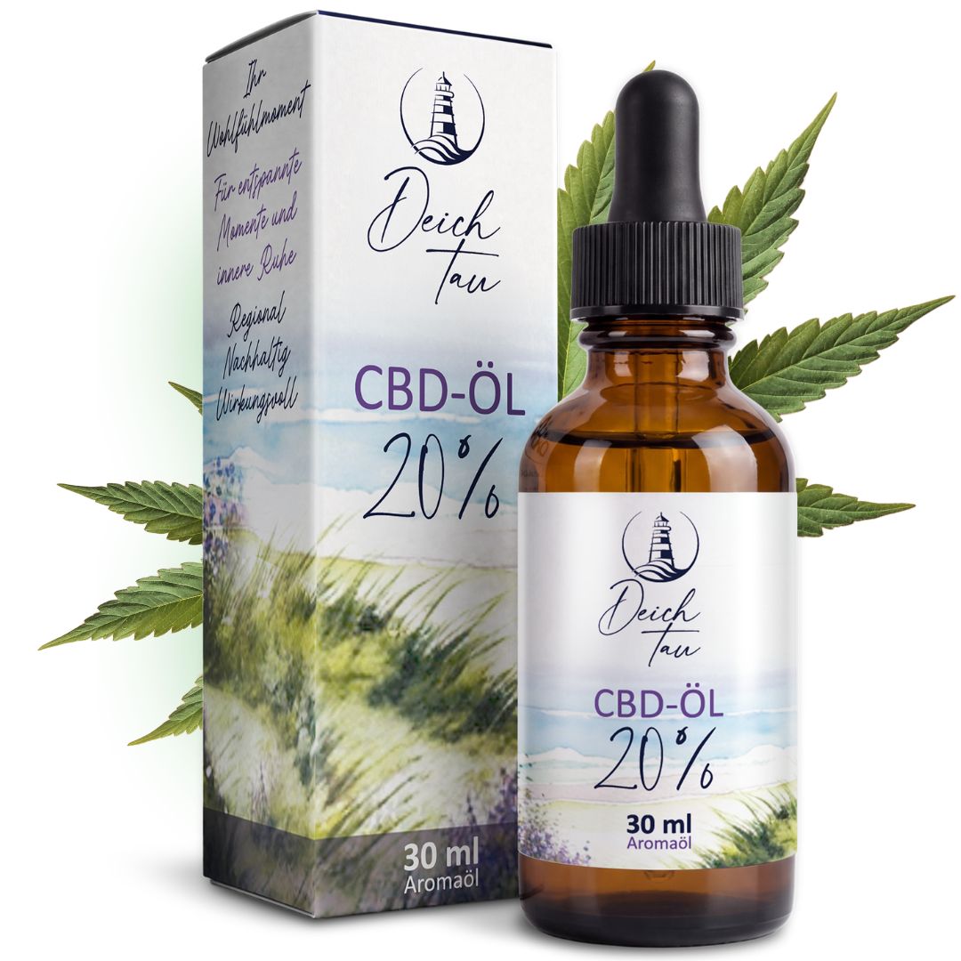 Deichtau CBD Öl 20% Flasche und Karton mit Hanfblättern.