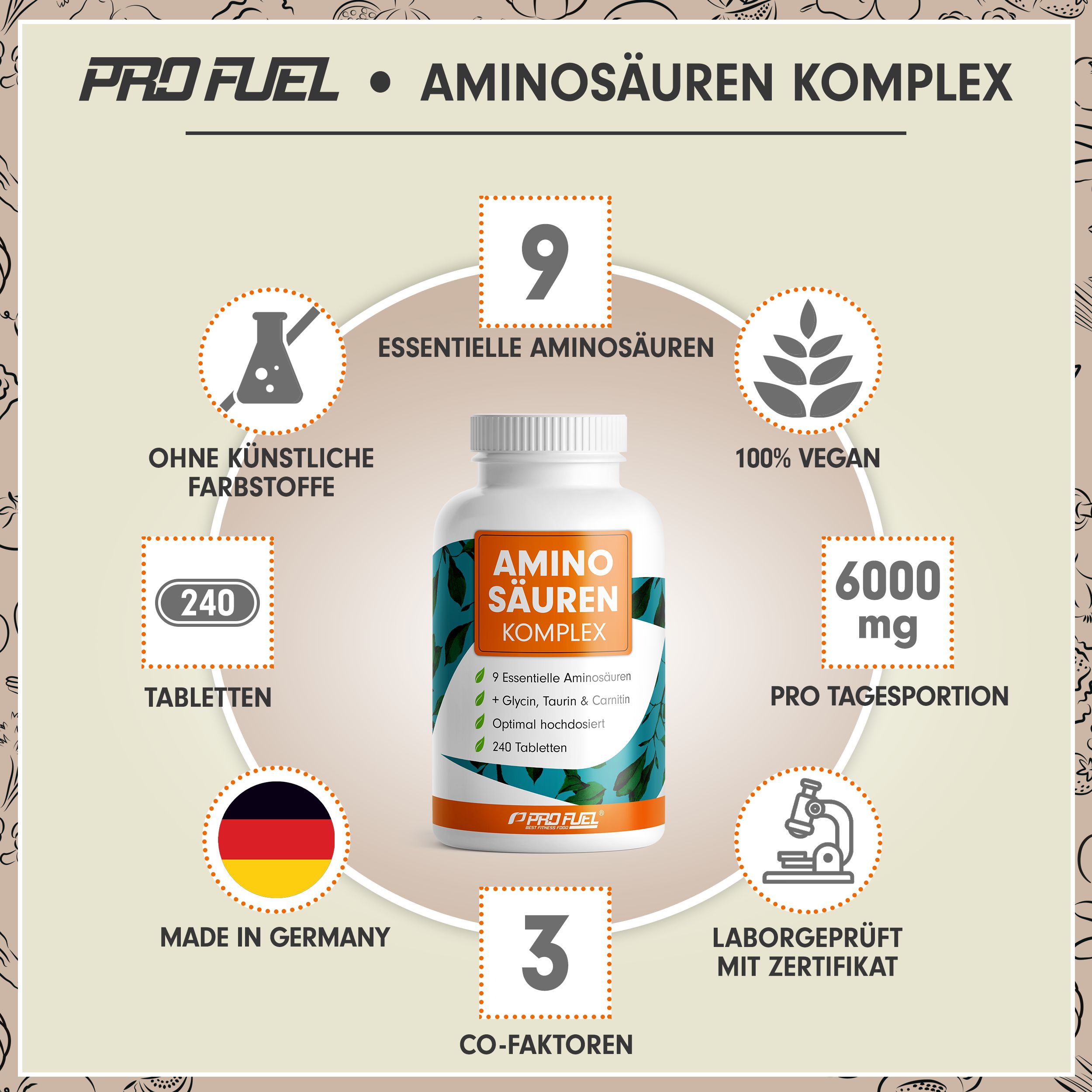 Weiße Flasche mit Kapseln. Aufschrift: Aminosäuren Komplex. 9 essentielle Aminosäuren, 240 Tabletten, 6000 mg pro Tagesportion. Made in Germany.