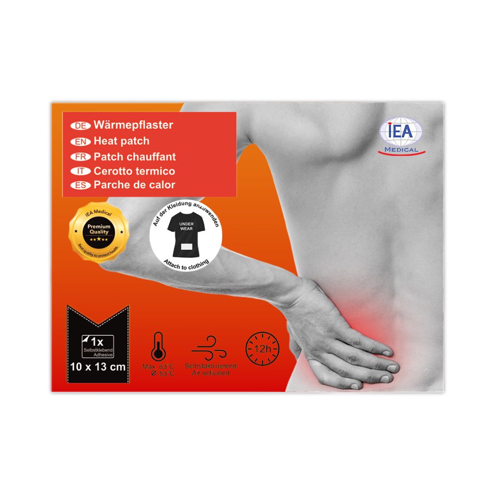Wärmepflaster-Verpackung. Größe 10x13 cm. IEA Medical Logo. Premium Quality Siegel. Text: Wärmepflaster, Heat patch, Patch chauffant, Cerotto termico, Parche de calor.