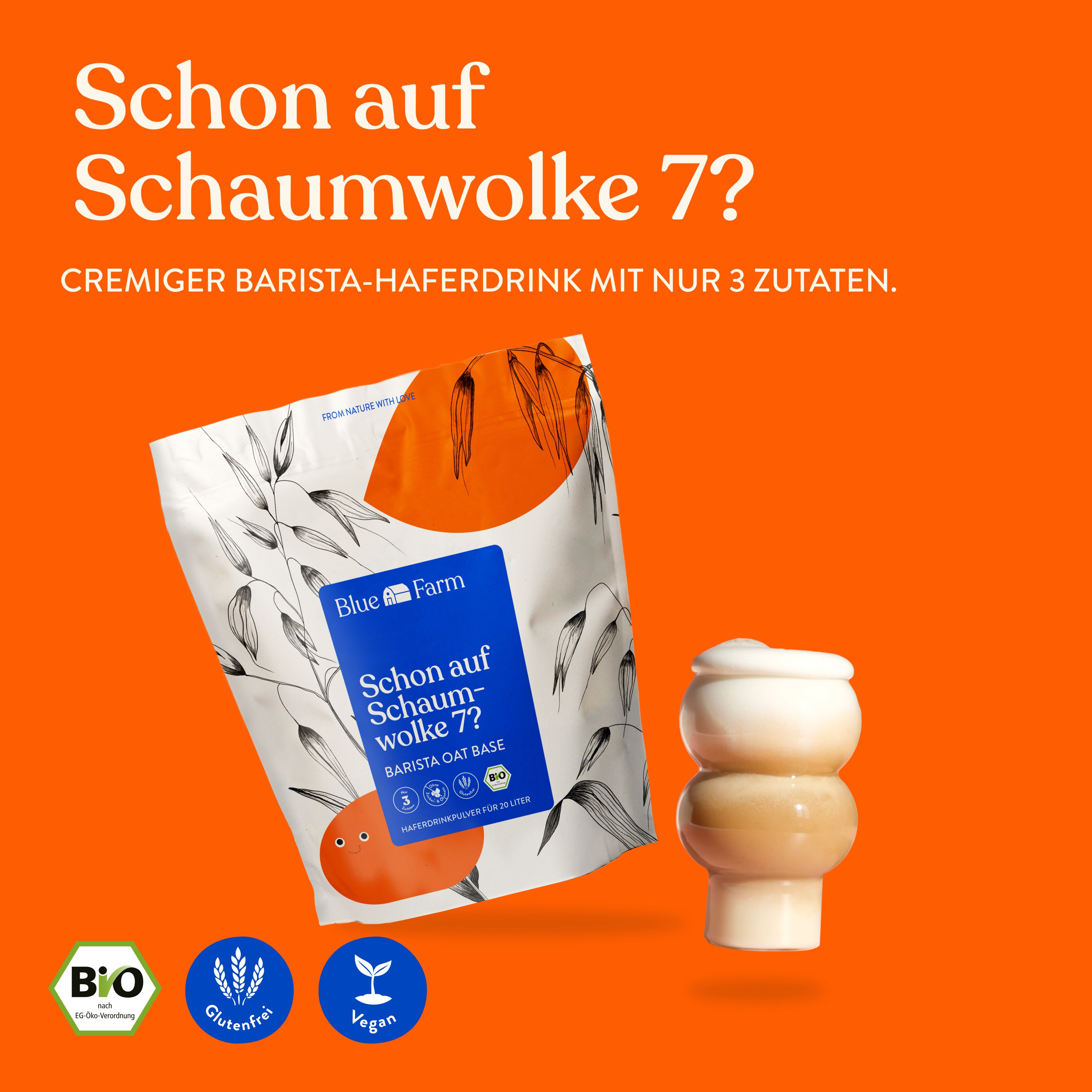 Produktverpackung mit Text, Schaumgetränk. Bio-, glutenfrei- und vegan-Siegel.