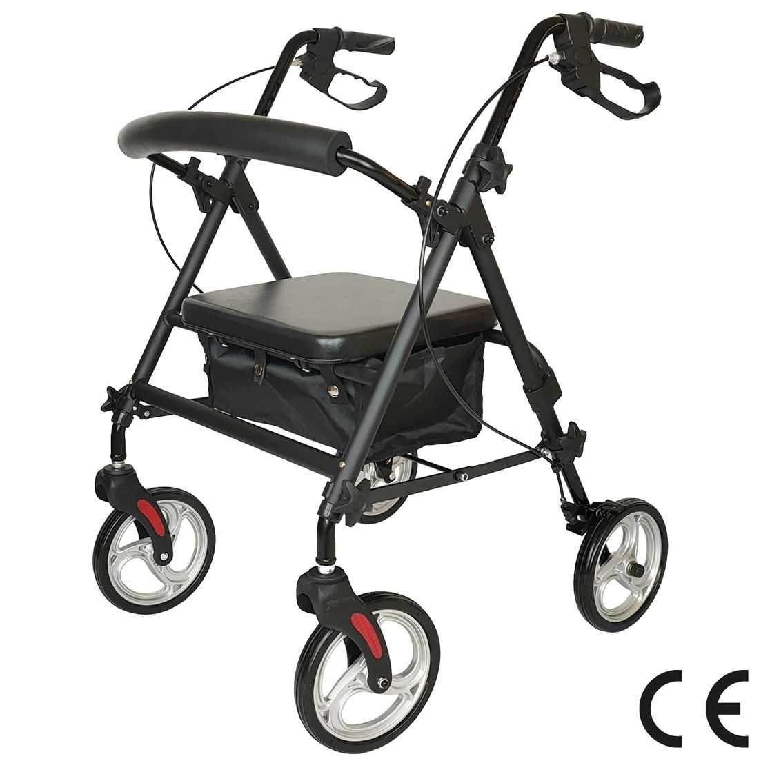 Rollator noir à quatre roues, siège, panier et poignées. Marque CE.