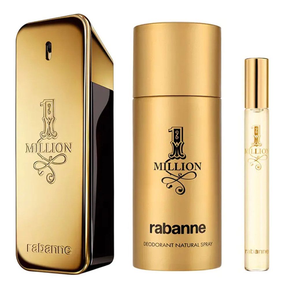 Goldfarbener Flakon, Deodorant und Zerstäuber. Aufschrift '1 Million' und Rabanne-Logo.