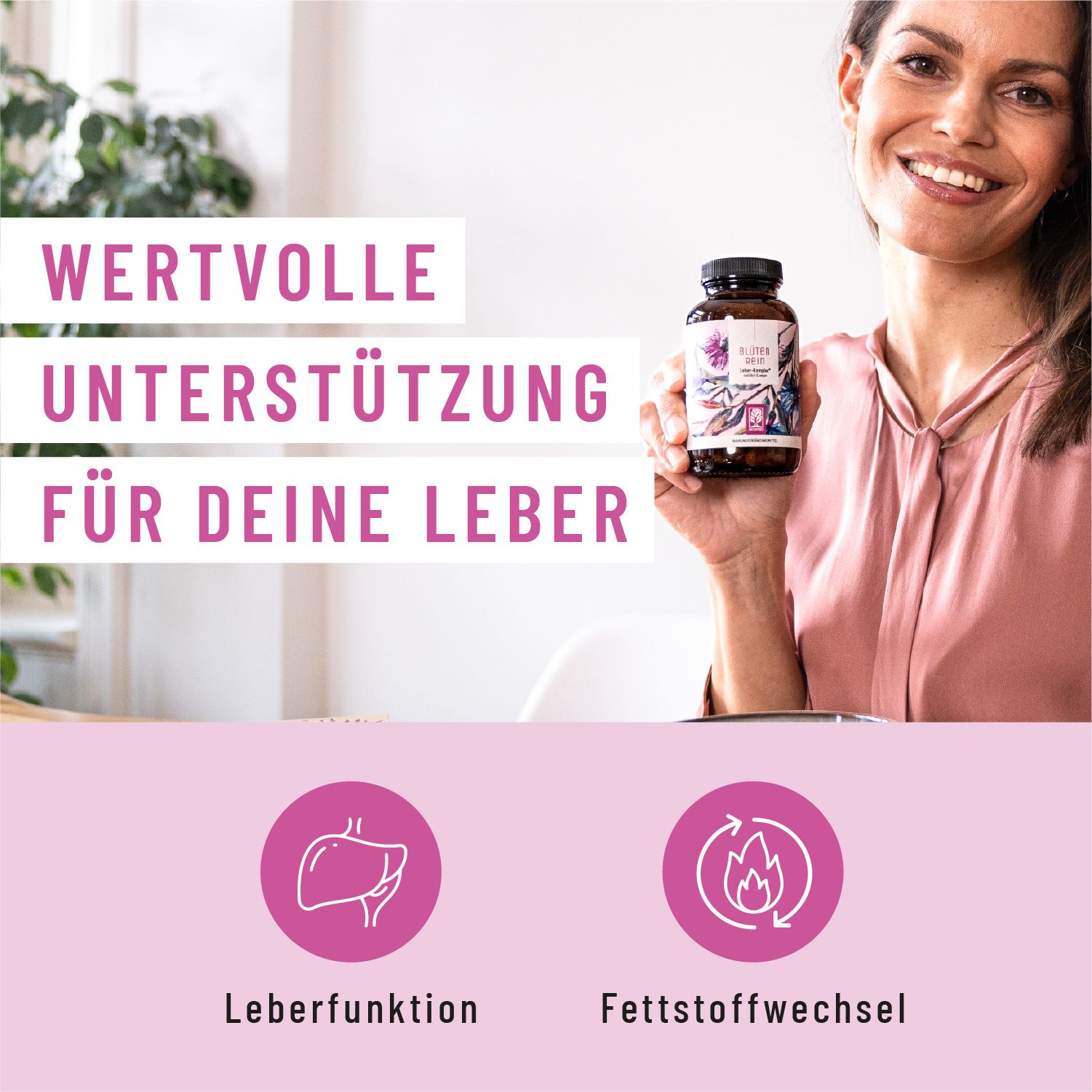 Frau hält NATURTREU® Leber-Komplex Flasche. Icons für Leberfunktion und Stoffwechsel.