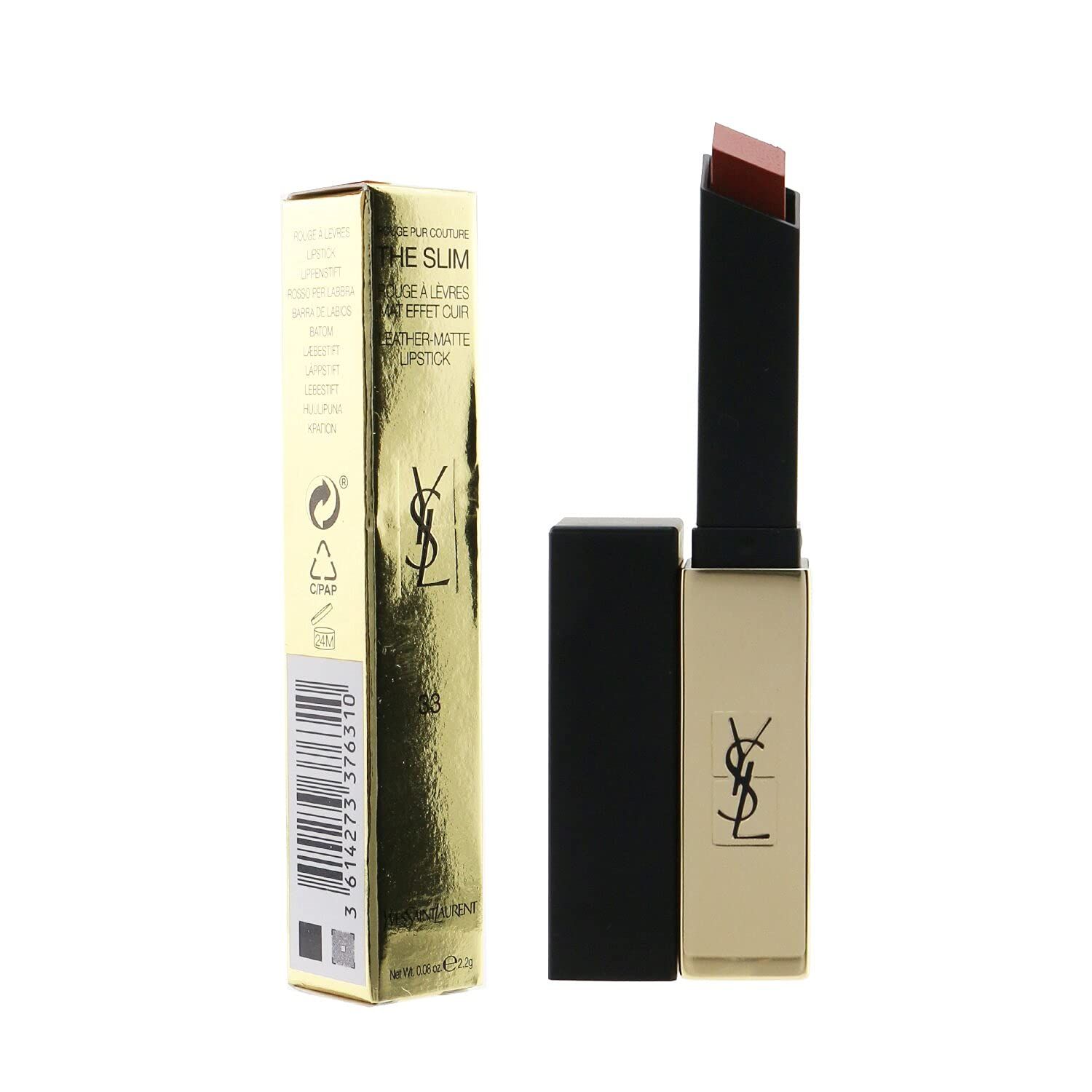 Lippenstift mit goldener Hülle, schwarzem Deckel und roter Spitze. Daneben die Verpackung mit Logo und Schriftzug.
