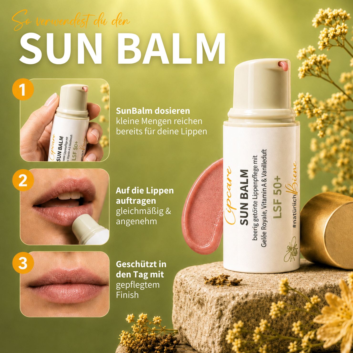 SUN BALM LSF 50+ - getönter Lippenpflegebalsam mit Gelée Royale & zartem Vanilleduft