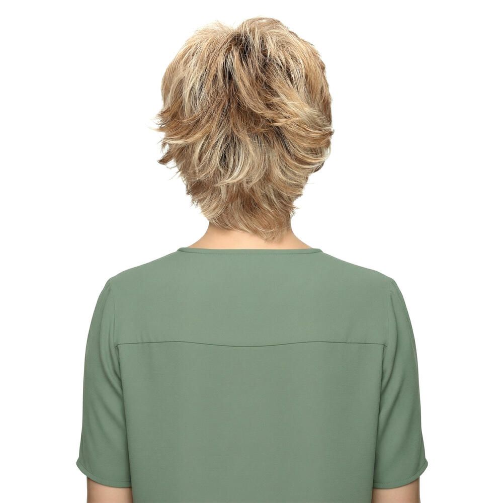 Kurzhaarperücke mit blonden Strähnen. Rückansicht.