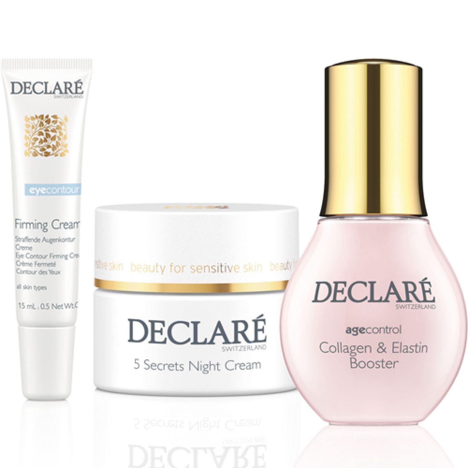 Drei Kosmetikprodukte von Declare: Augencreme, Nachtcreme und Collagen & Elastin Booster. Alle Produkte haben weiße Behälter mit goldfarbenen und rosa Akzenten.
