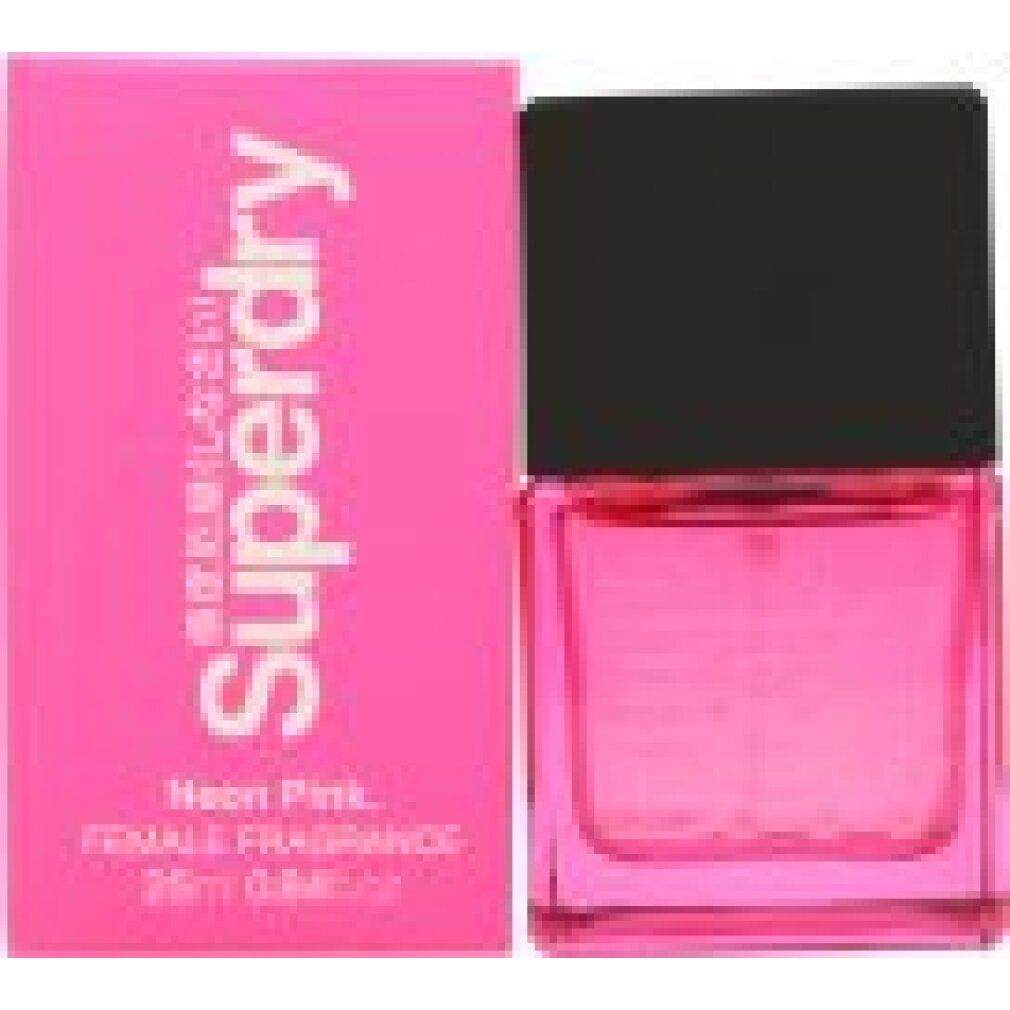 Neonpinkfarbenes Eau de Cologne mit schwarzem Deckel und rosa Verpackung. Aufschrift: Superdry, Neon Pink, FEMALE FRAGRANCE.