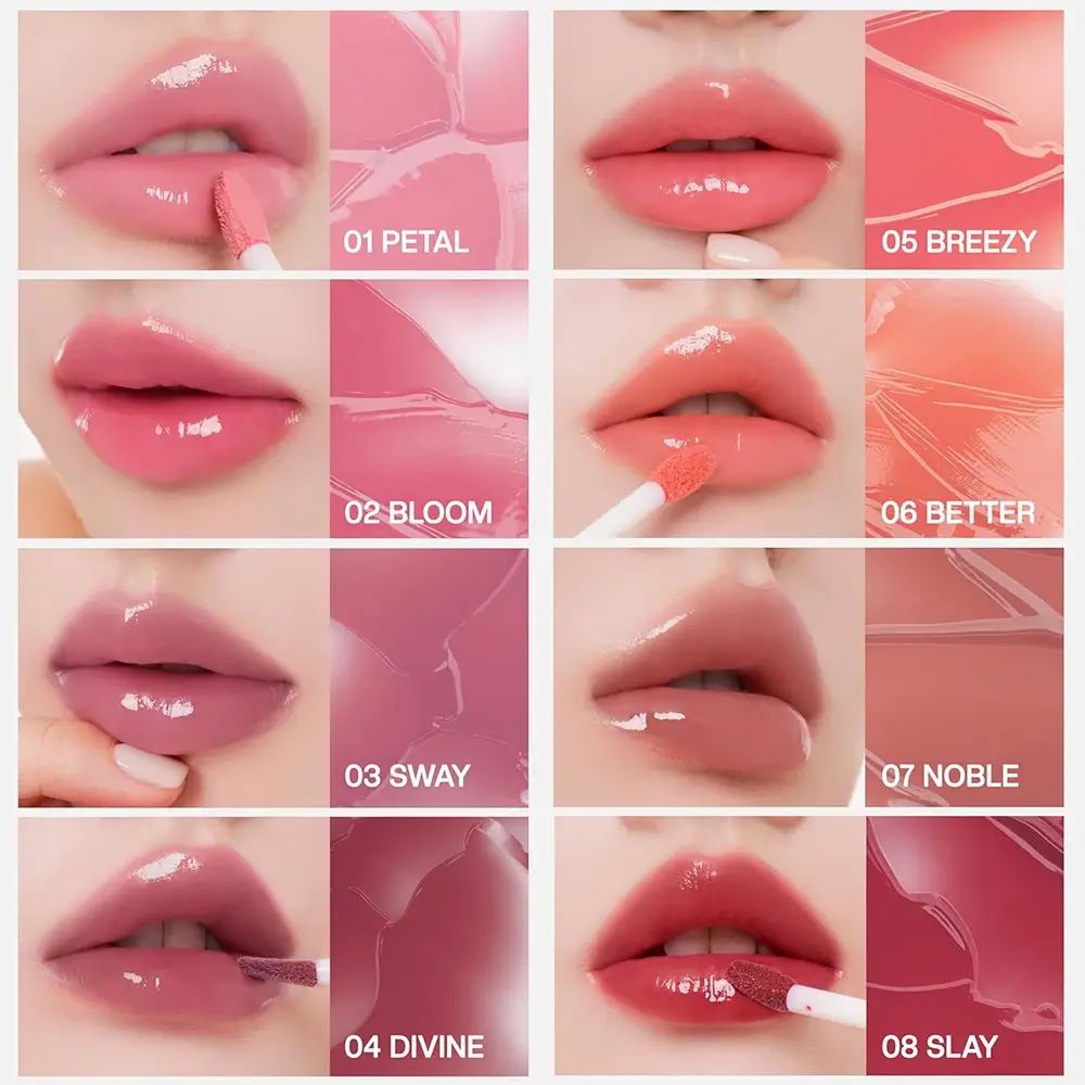 Verschiedene Lippen mit Icy Glow Lippenstift in 8 Farbtönen. Jeder Farbton wird auf Lippen und mit Applikator gezeigt.