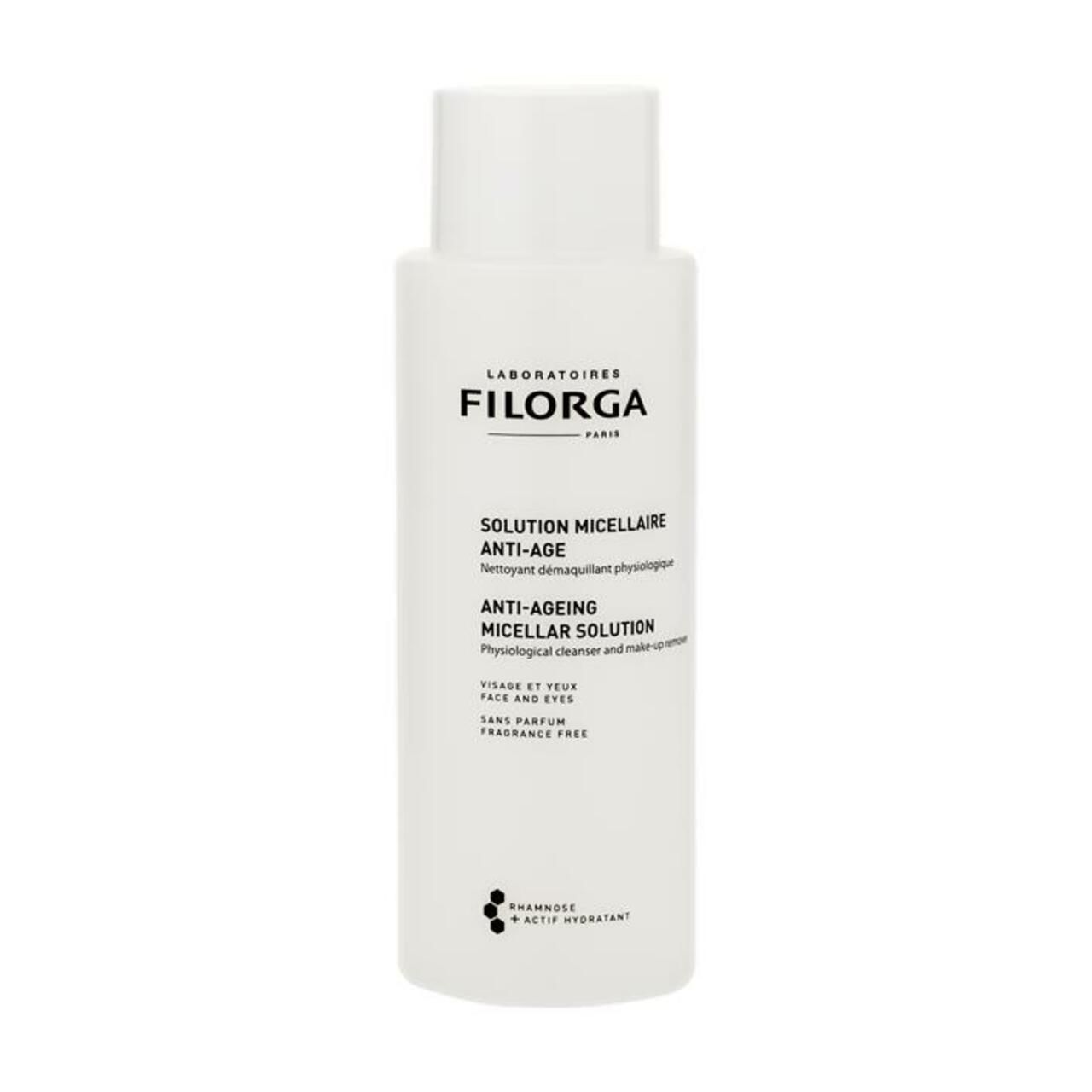 Weißes Fläschchen mit Filorga-Logo und Text. Beschriftung: Solution Micellaire Anti-Age. Physiologische Reinigung und Make-up-Entferner.