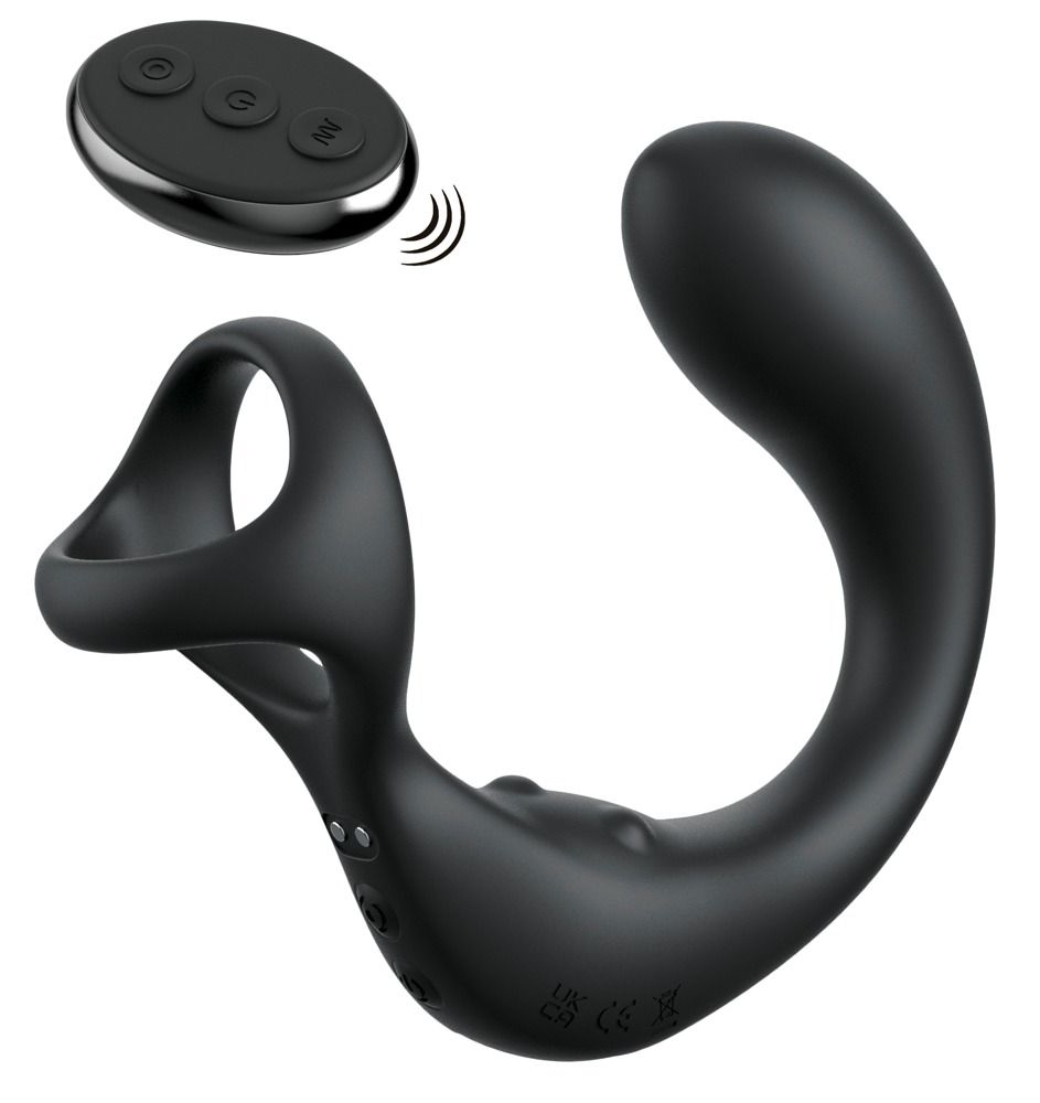 Schwarzes Wellness-Produkt mit Ring und gebogener Form. Enthält Fernbedienung. Produktname nicht sichtbar.