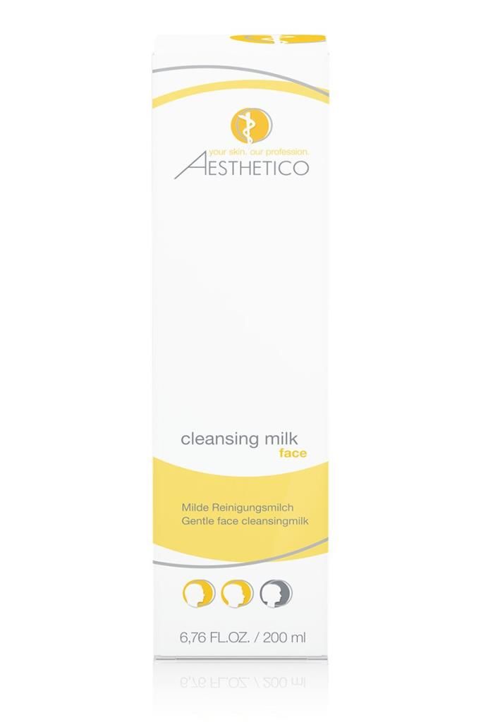 Hoher, weißer Karton mit Aufschrift: Aesthetico, Cleansing Milk, 200 ml.