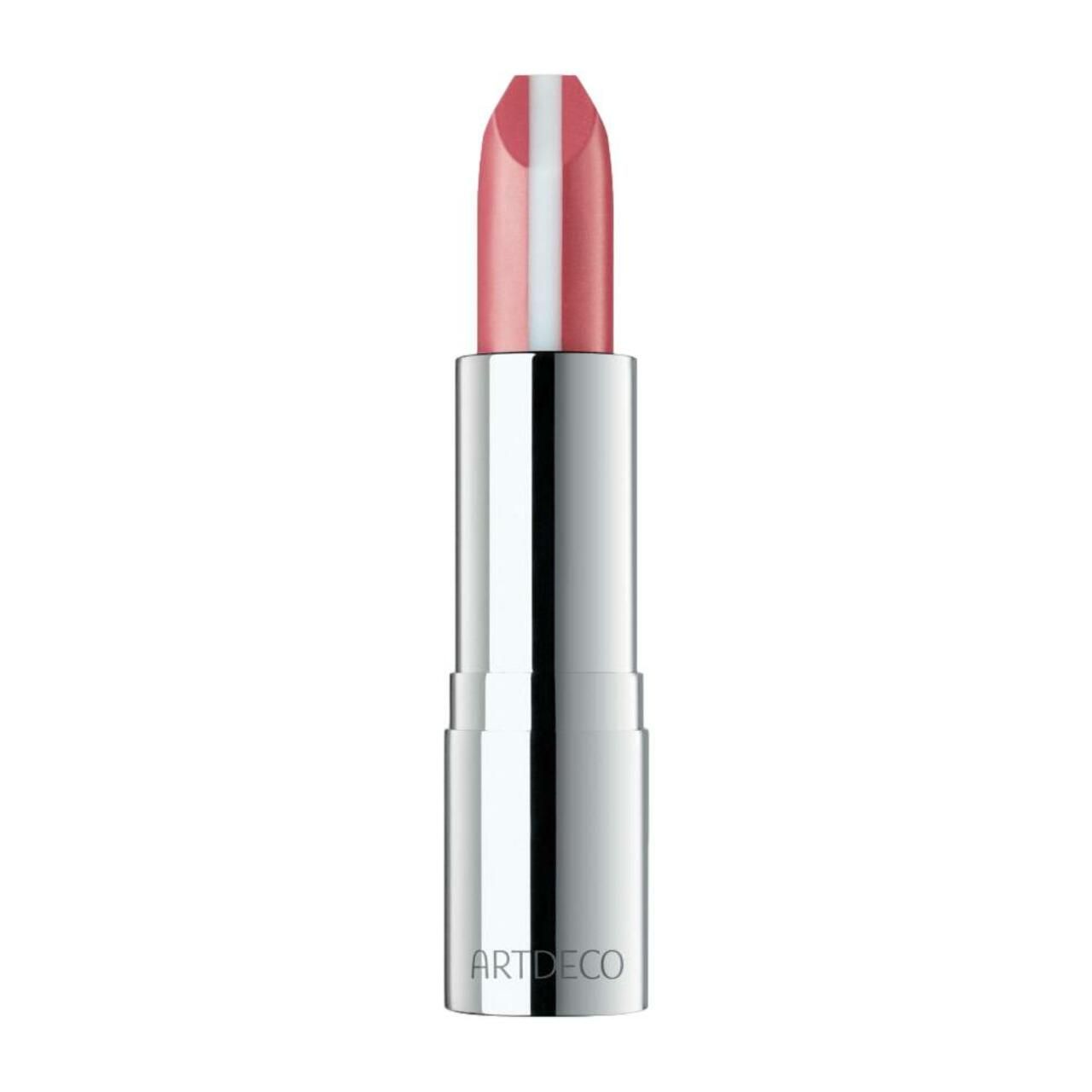 Ein Lippenstift mit rosa Farbe und weißem Streifen. Der Lippenstift hat eine silberne Hülse. Auf der Hülse steht ARTDECO.