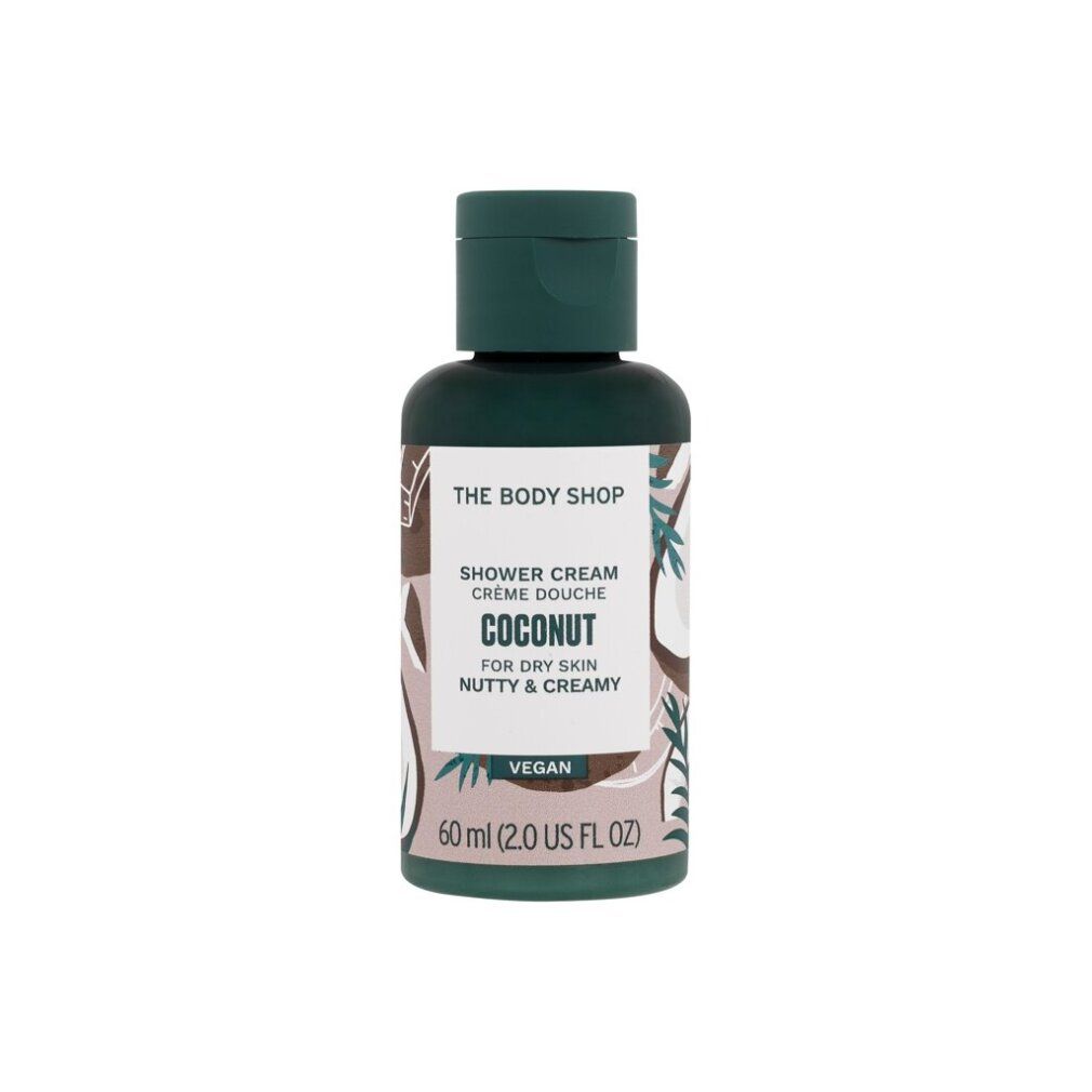 Kleine Flasche mit grünem Deckel. Aufschrift: THE BODY SHOP, COCONUT, für trockene Haut, vegan. 60 ml.