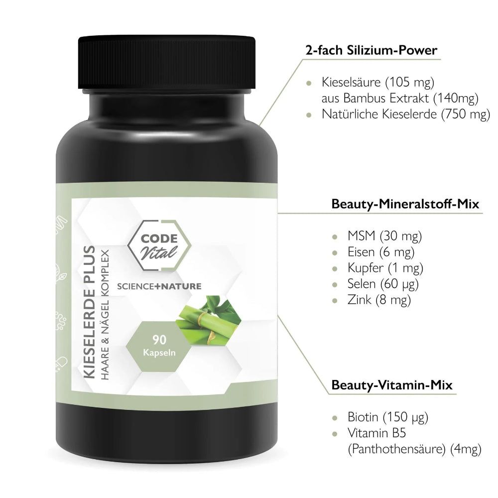 Schwarze Flasche CODE Vital Kieselerde Plus. 90 Kapseln. Aufschrift: Haare & Nägel Komplex. Inhaltsstoffe aufgelistet.
