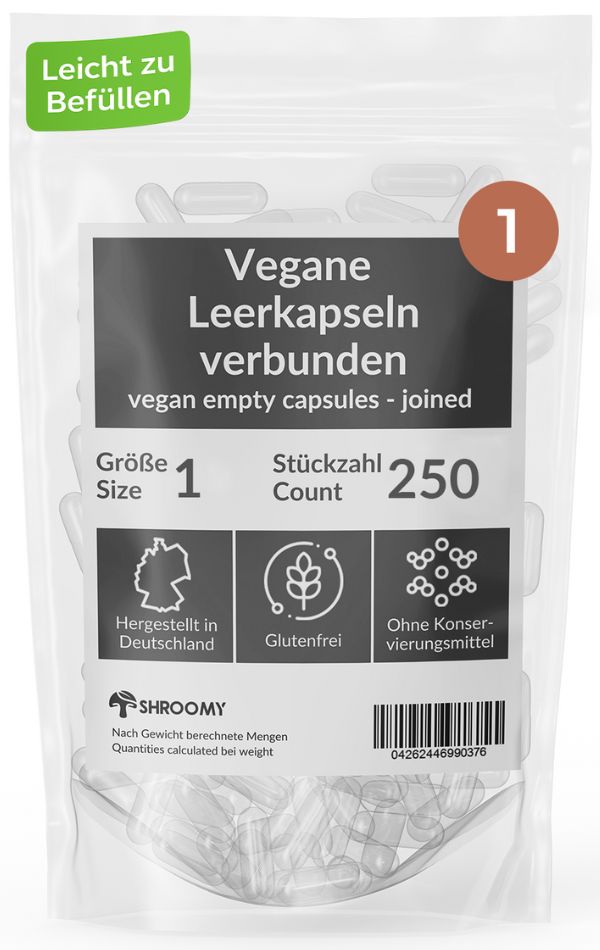 Transparente Leerkapseln in Beutel. Aufschrift: Vegane Leerkapseln verbunden, Größe 1, 250 Stück. Glutenfrei, ohne Konservierungsstoffe.