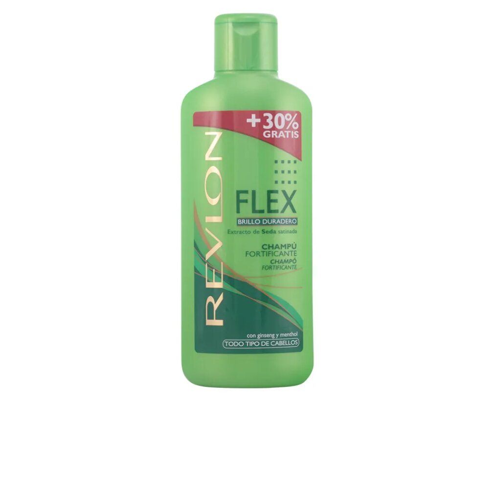Grüne Flasche mit grünem Deckel. Aufschrift: Revlon Flex. +30% Gratis. Brillo Duradero. Champú fortificante. Für alle Haartypen.