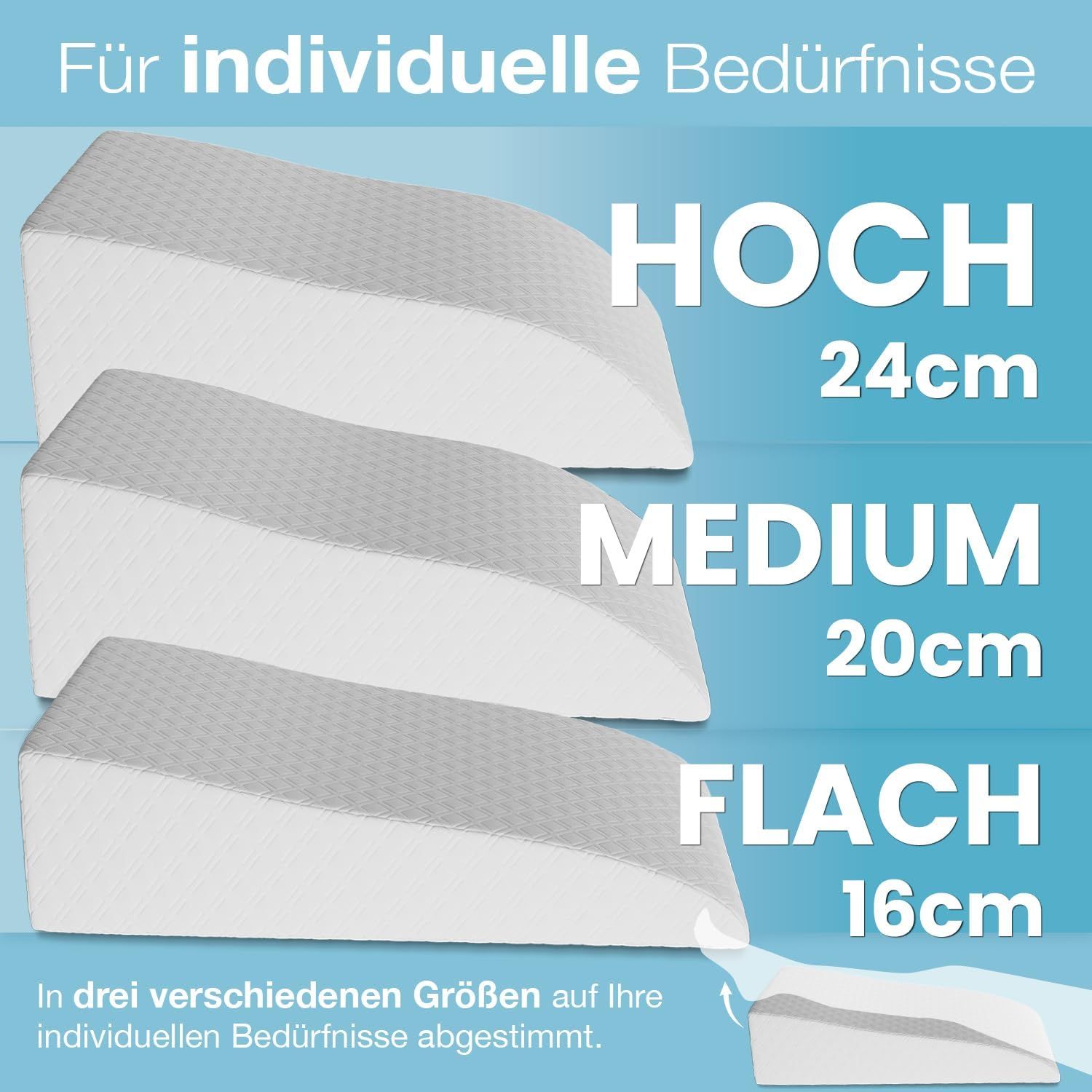 Drei weiße Beinlagerungskissen in verschiedenen Größen: Hoch (24cm), Medium (20cm), Flach (16cm).