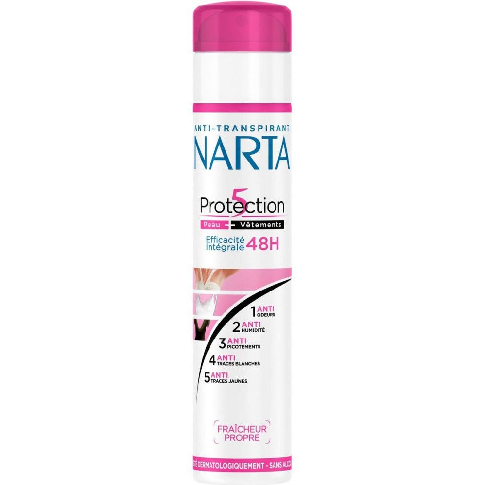 Deospray mit pinkfarbenem Deckel. Aufschrift Narta, Protection 5, 48H. Anti-Transpirant. Frische Sauberkeit.
