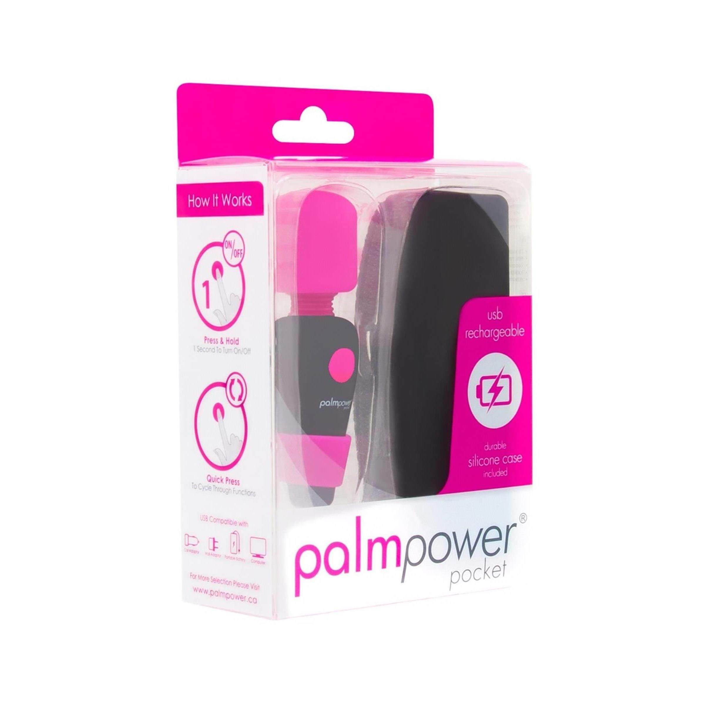 Schwarzes und pinkfarbenes Produkt in Verpackung. Enthält ein USB-Ladekabel und eine Silikonhülle. Aufdruck: Palmpower pocket.