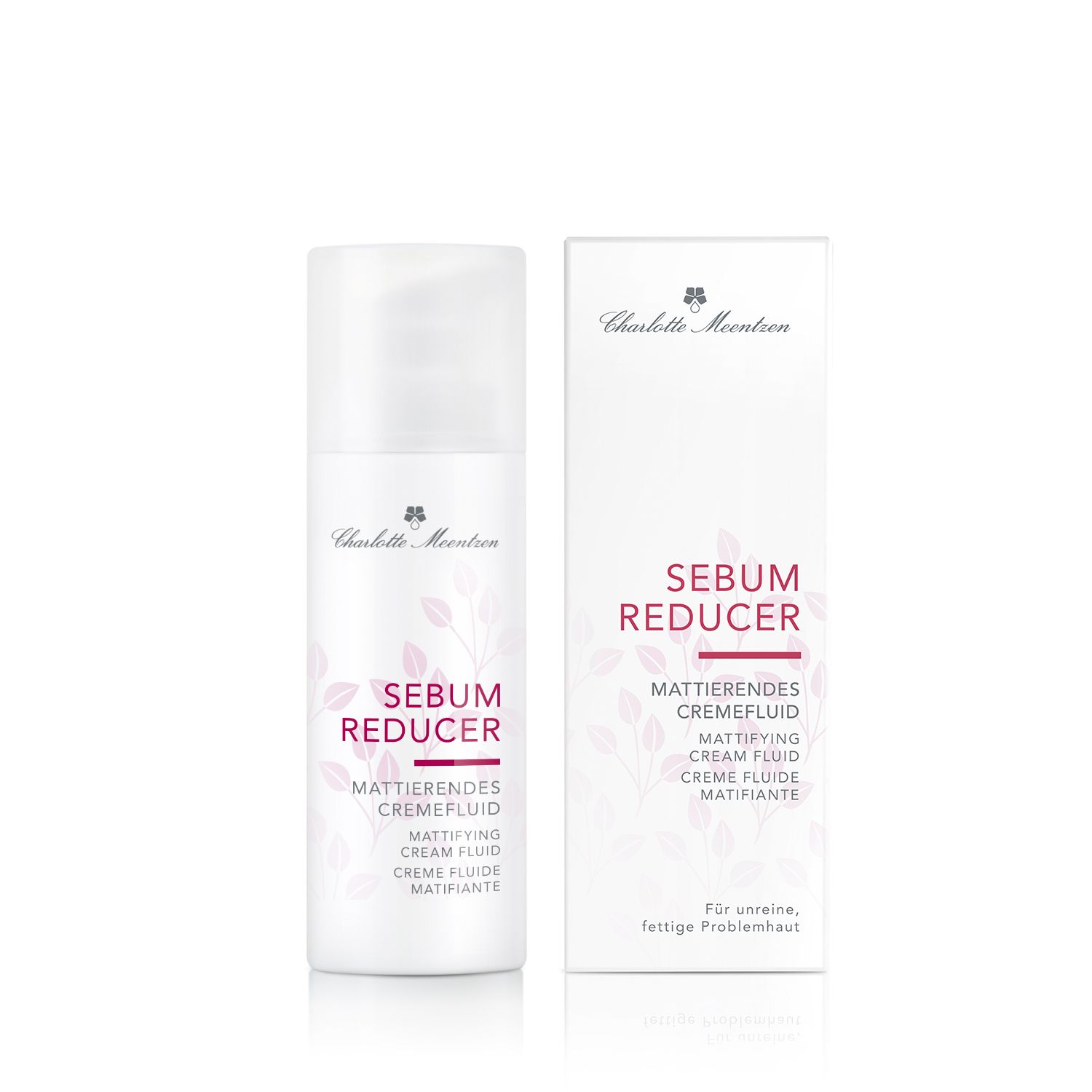 Charlotte Meentzen Sebum Reducer Cremefluid und Verpackung. Weißes Fläschchen und Schachtel mit Produktnamen und floralem Muster.