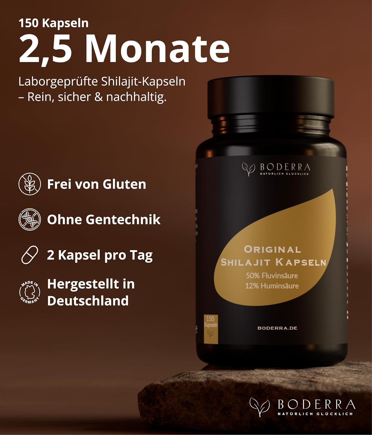 Schwarze Flasche mit Kapseln. Label mit 'Original Shilajit Kapseln', 50% Fulvin- & 12% Huminsäure. 150 Kapseln.