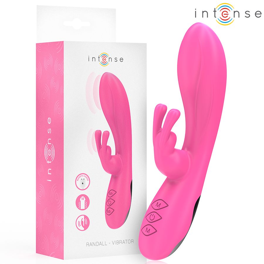 Rosa Vibrator mit Hasenohren und Bedienknöpfen. Verpackung mit Produktname und Logo.