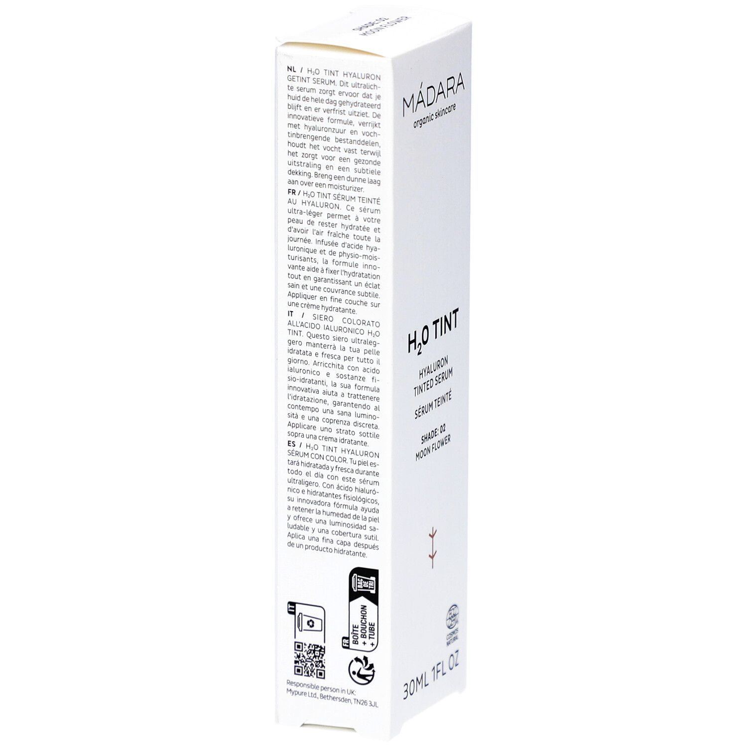Weiße Produktverpackung mit Text in mehreren Sprachen. H2O TINT Hyaluron getöntes Serum. Inhaltsstoffe und Zertifizierungen.