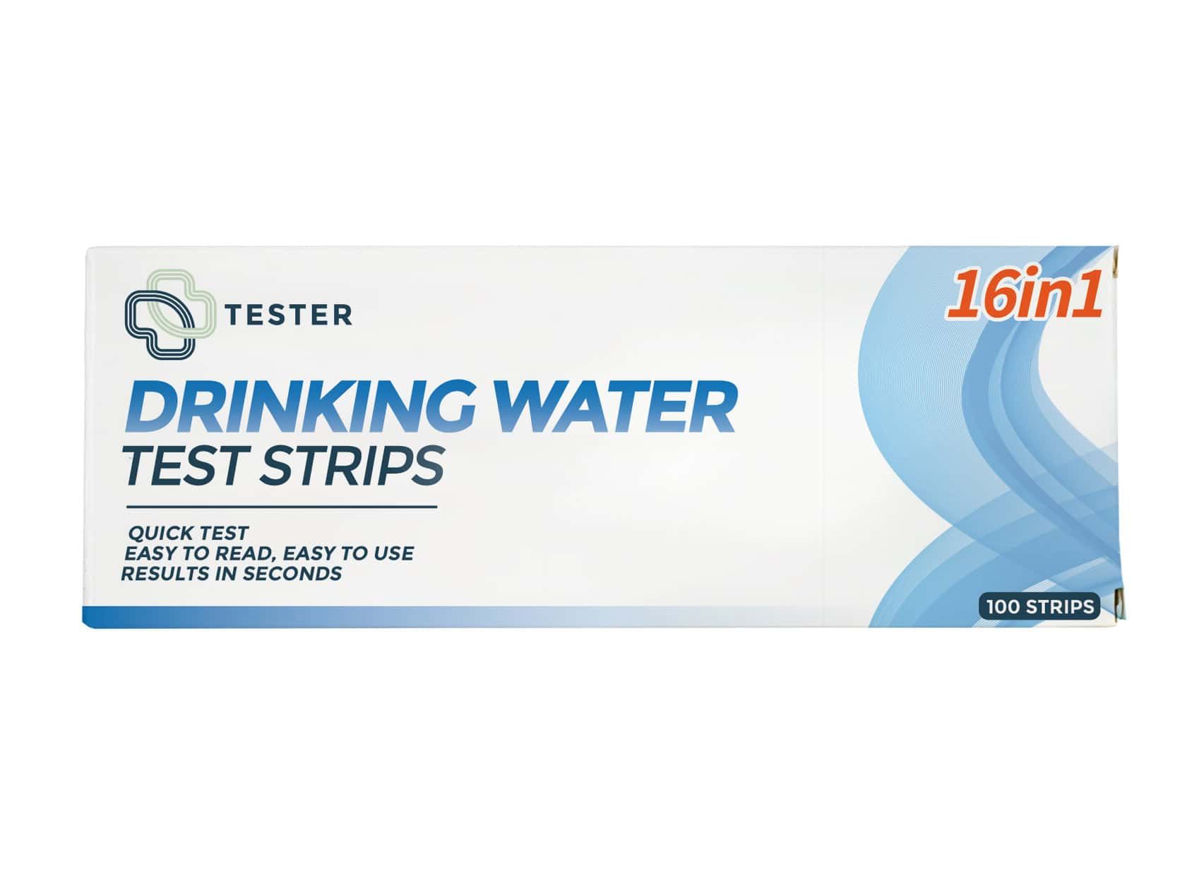 Verpackung mit Teststreifen für Trinkwasser. Aufschrift: 16in1, 100 Streifen. Schneller Test, einfach zu lesen, in Sekunden Ergebnisse.