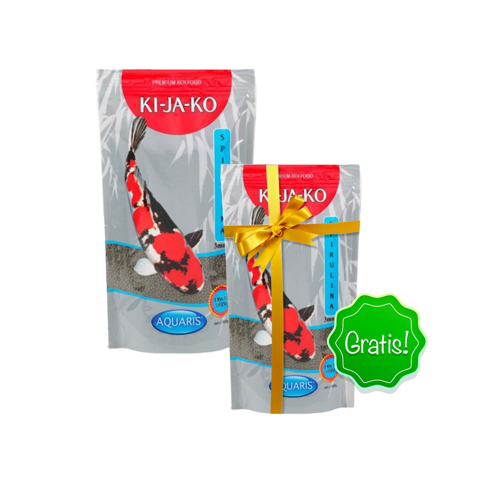 Zwei Koifutter-Packungen. Eine mit Schleife und Gratis-Aufkleber. Marke KI-JA-KO, Spirulina.