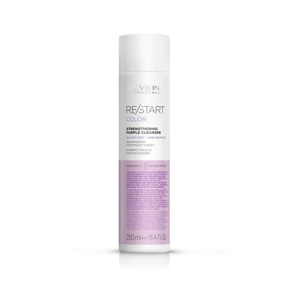 Revlon Re-Start Purple Cleanser. Weiße Flasche mit lila Etikett. Text: RE/START COLOR, Strengthening Purple Cleanser.
