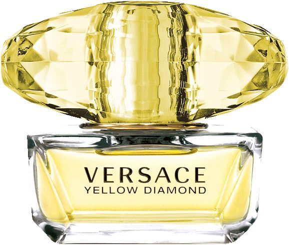 Versace Yellow Diamond Eau de Toilette. Gelbe Flasche mit diamantförmigem Deckel. Produktname deutlich sichtbar.