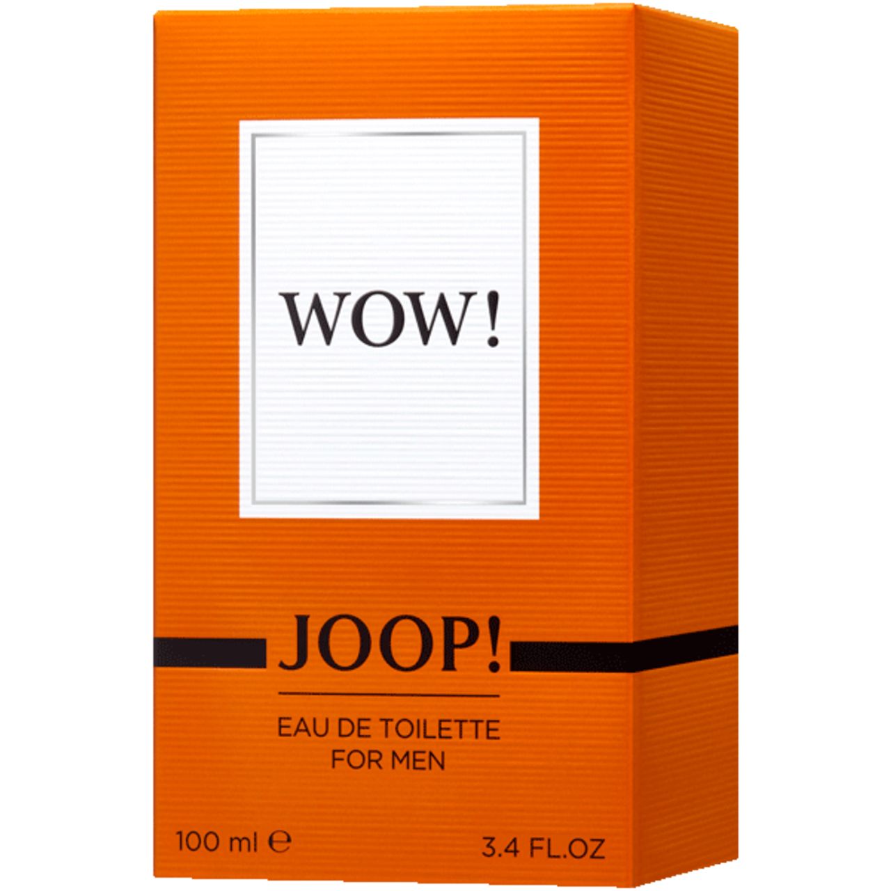 Joop Wow Eau de Toilette für Herren. Orangefarbene Verpackung mit weißem Feld und Schriftzug WOW! und JOOP!