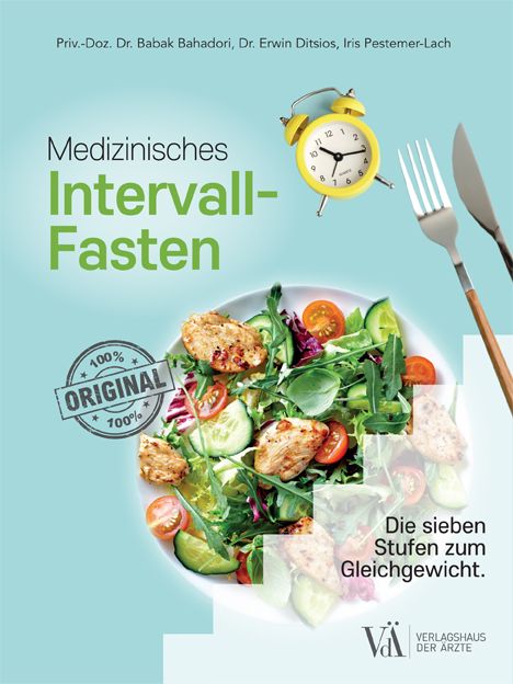 Buchcover mit Titel "Medizinisches Intervall-Fasten". Abgebildet sind eine Salatplatte, eine gelbe Uhr, Gabel und Messer.