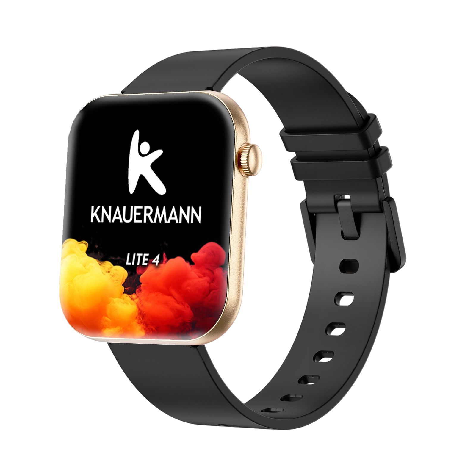 Knauermann Lite 4 Smartwatch mit schwarzem Armband. Goldfarbenes Gehäuse, Display mit Logo und farbigen Wolken.
