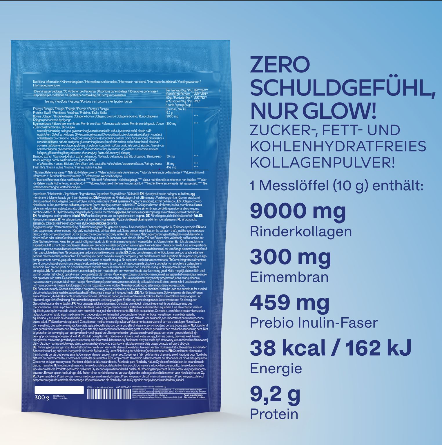 Rückseite der blauen Tüte. Text: Nährwertangaben, Inhaltsstoffe. 1 Messlöffel (10 g) enthält: 9000 mg Rinderkollagen.