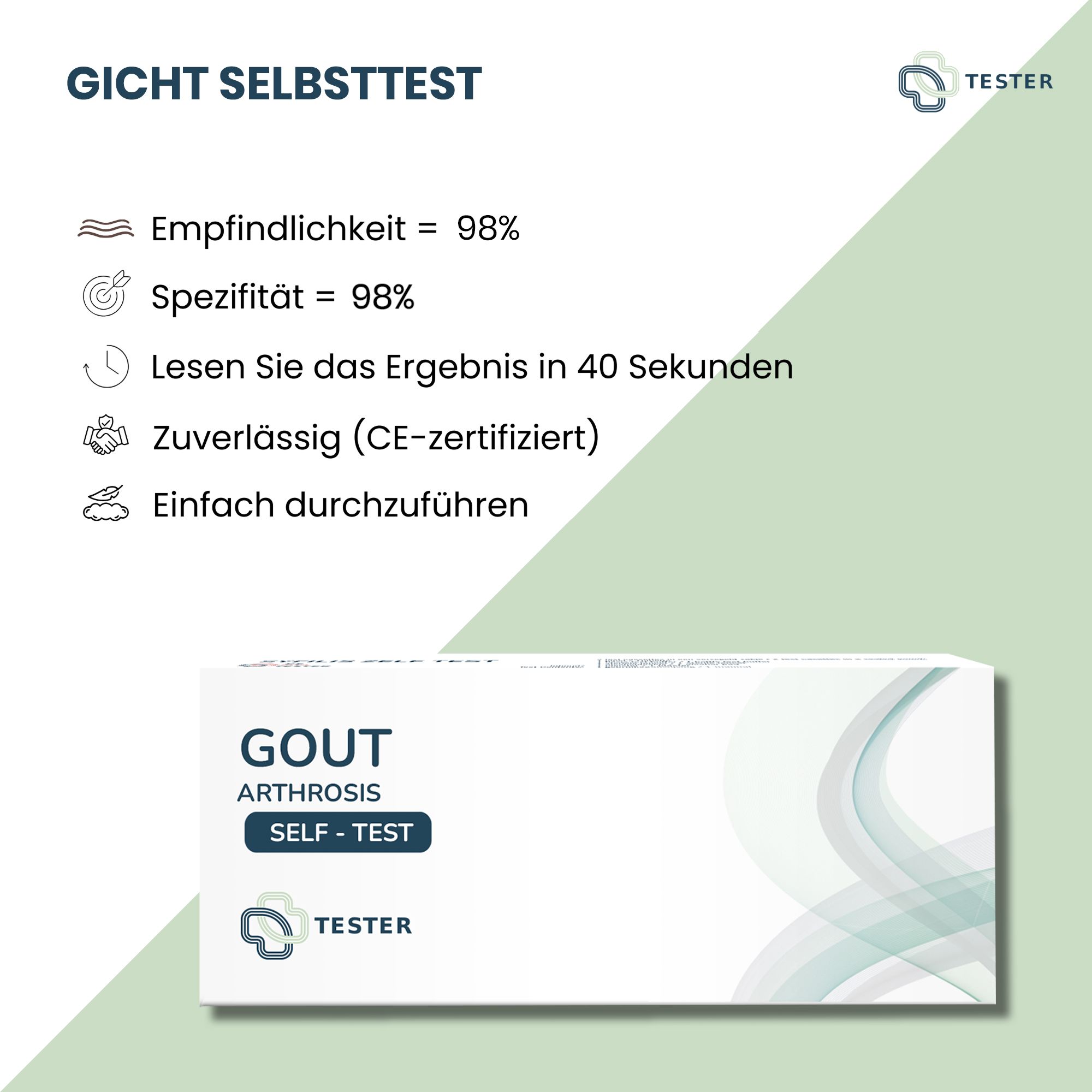 Tekst met informatie over de jicht zelftest. Gevoeligheid, specificiteit, resultaat tijd en certificering. Logo 'TESTER'.