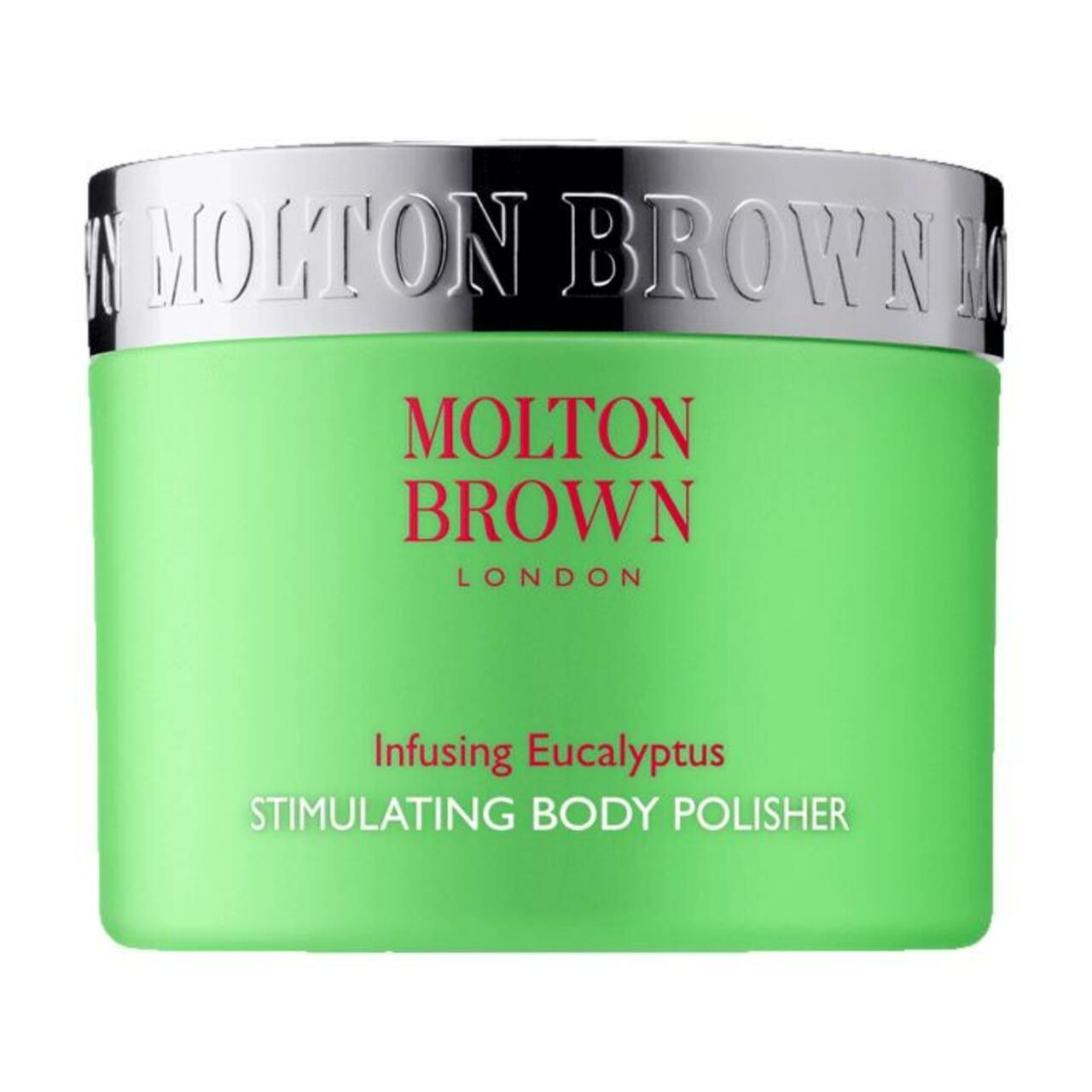 Grüner Tiegel mit silbernem Deckel. Aufschrift: Molton Brown, Infusing Eucalyptus, Stimulating Body Polisher.