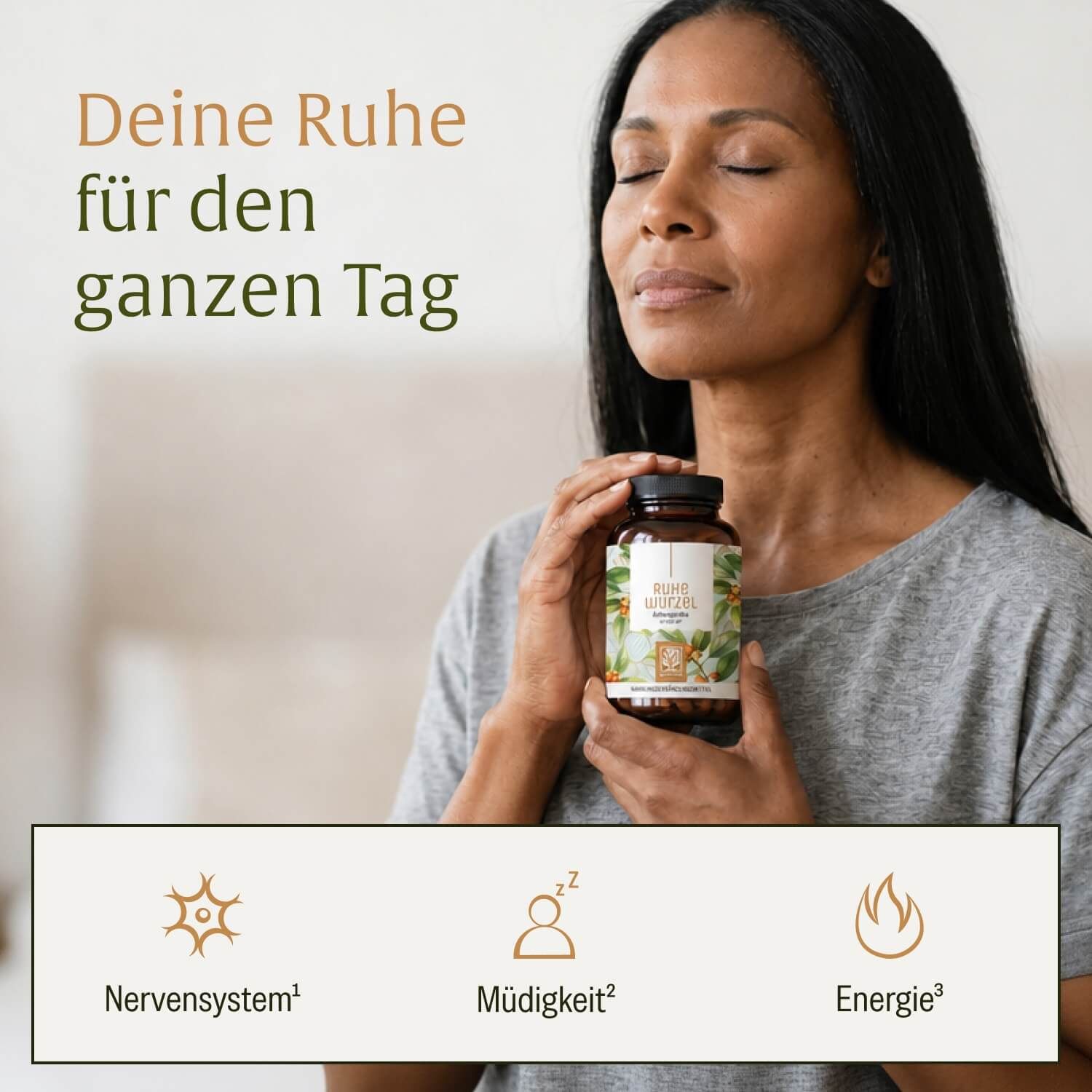 Frau hält Flasche Ashwagandha KSM-66®; Symbole für Nervensystem, Müdigkeit und Energie.