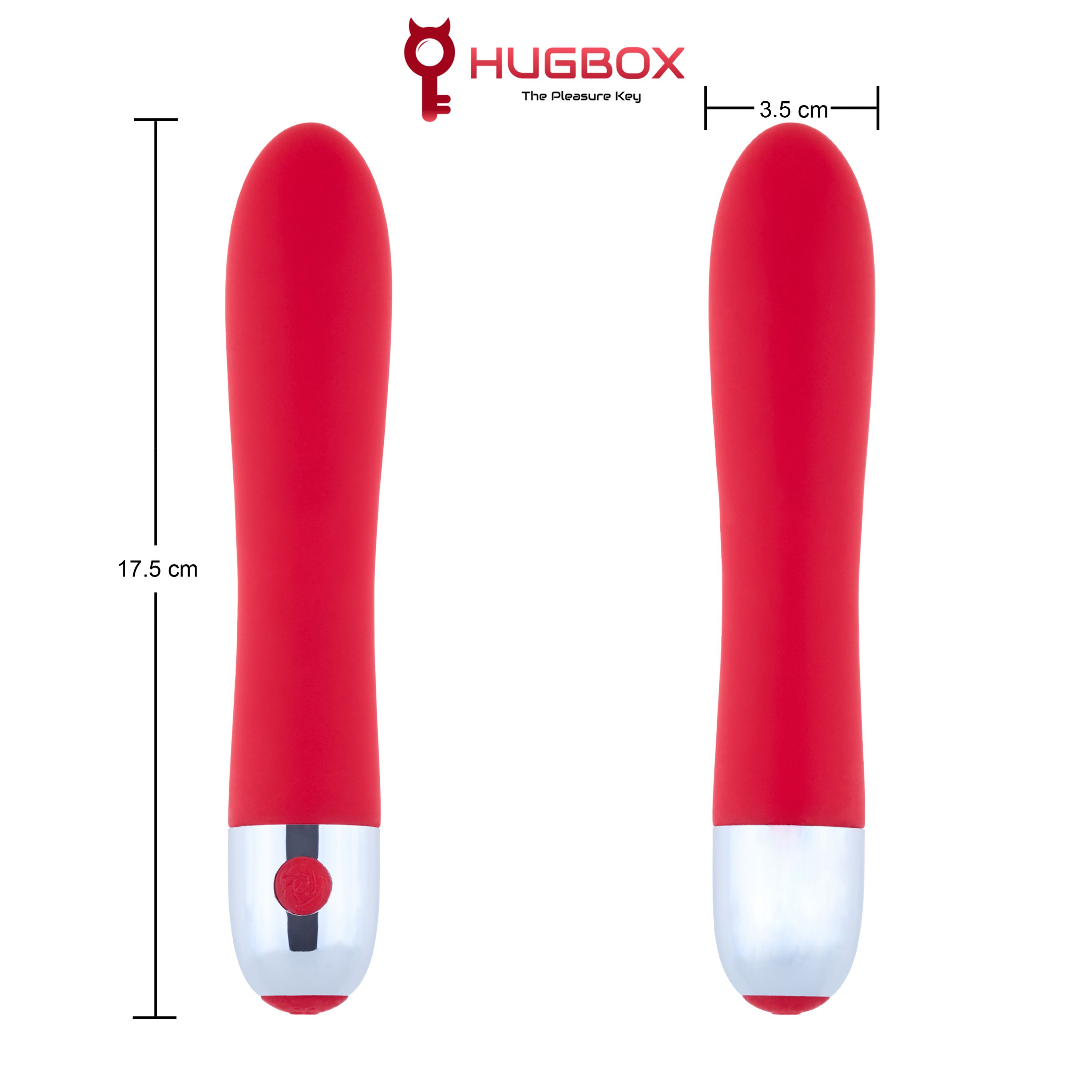 Zwei rote Vibratoren. Maße: 17,5 cm lang, 3,5 cm breit. Silberfarbener Kopf, roter Knopf. HUGBOX Logo.